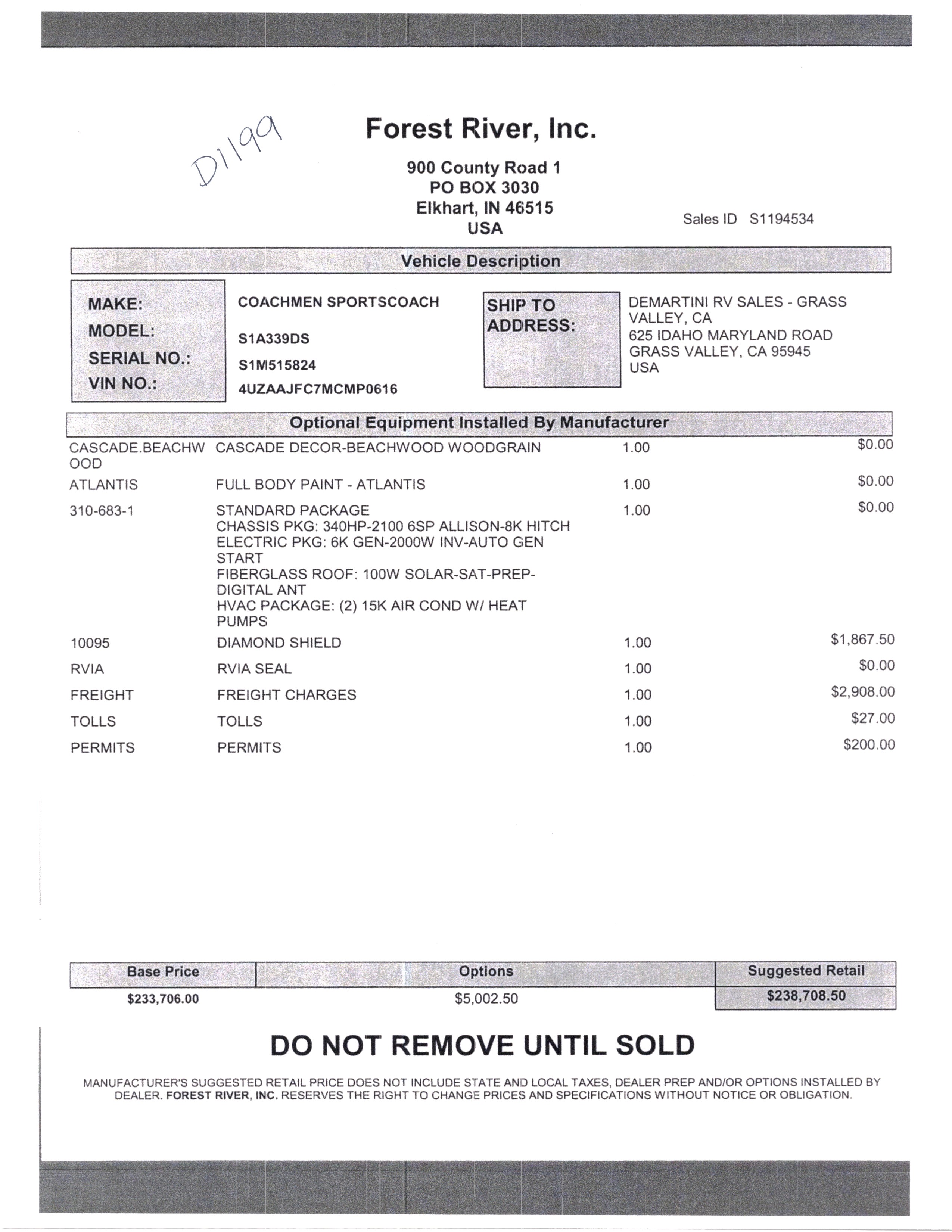 2021 Coachmen Sportscoach SRS 339DS MSRP Sheet