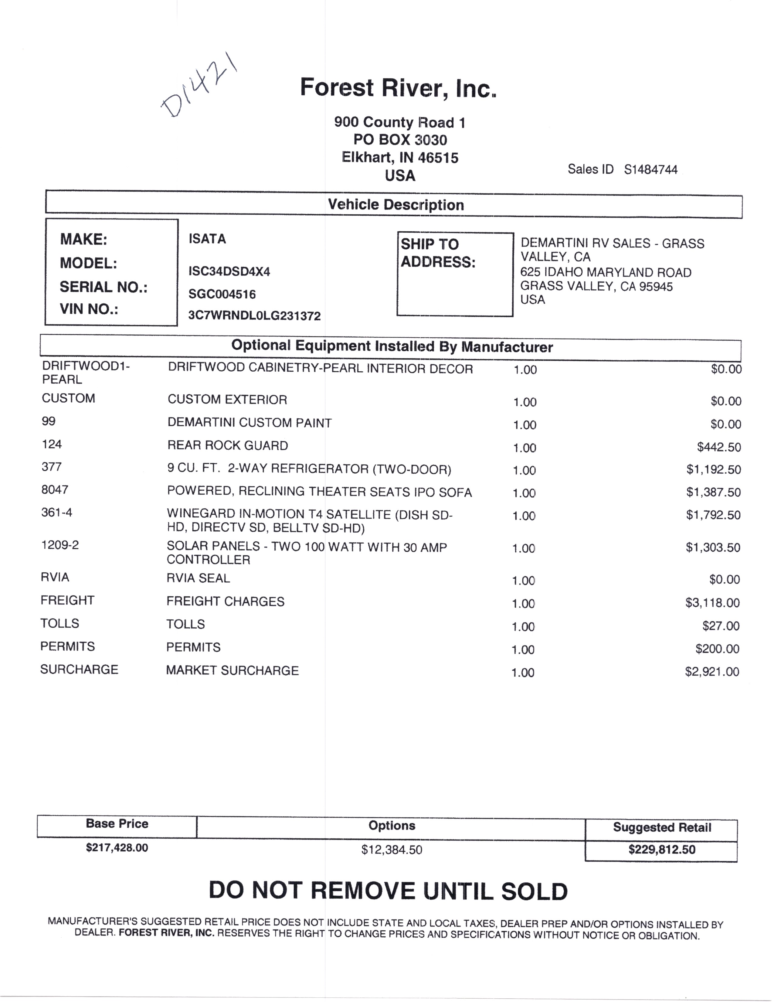 2021 Dynamax Isata 5 4x4 34DS MSRP Sheet