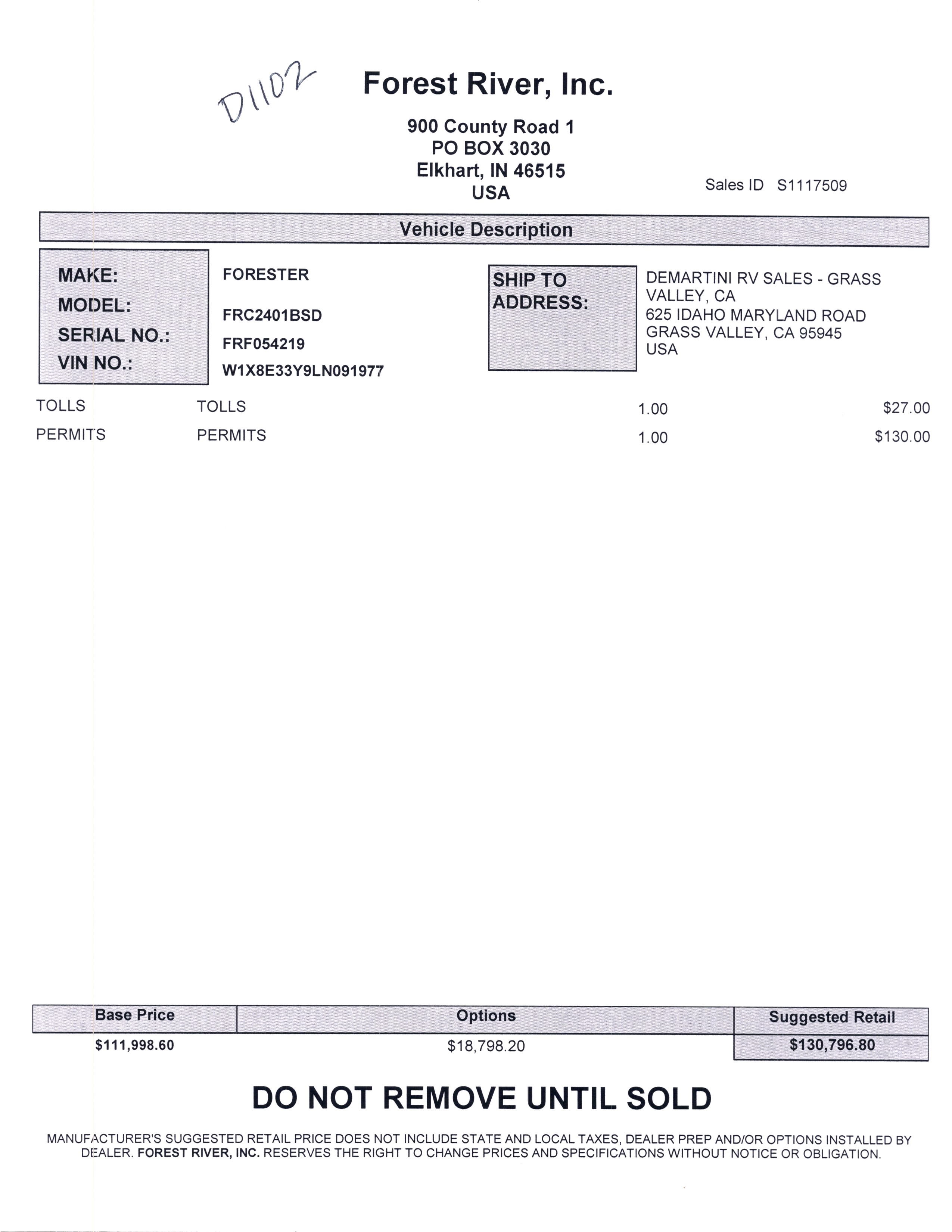 2021 Forest River Forester MBS 2401B MSRP Sheet