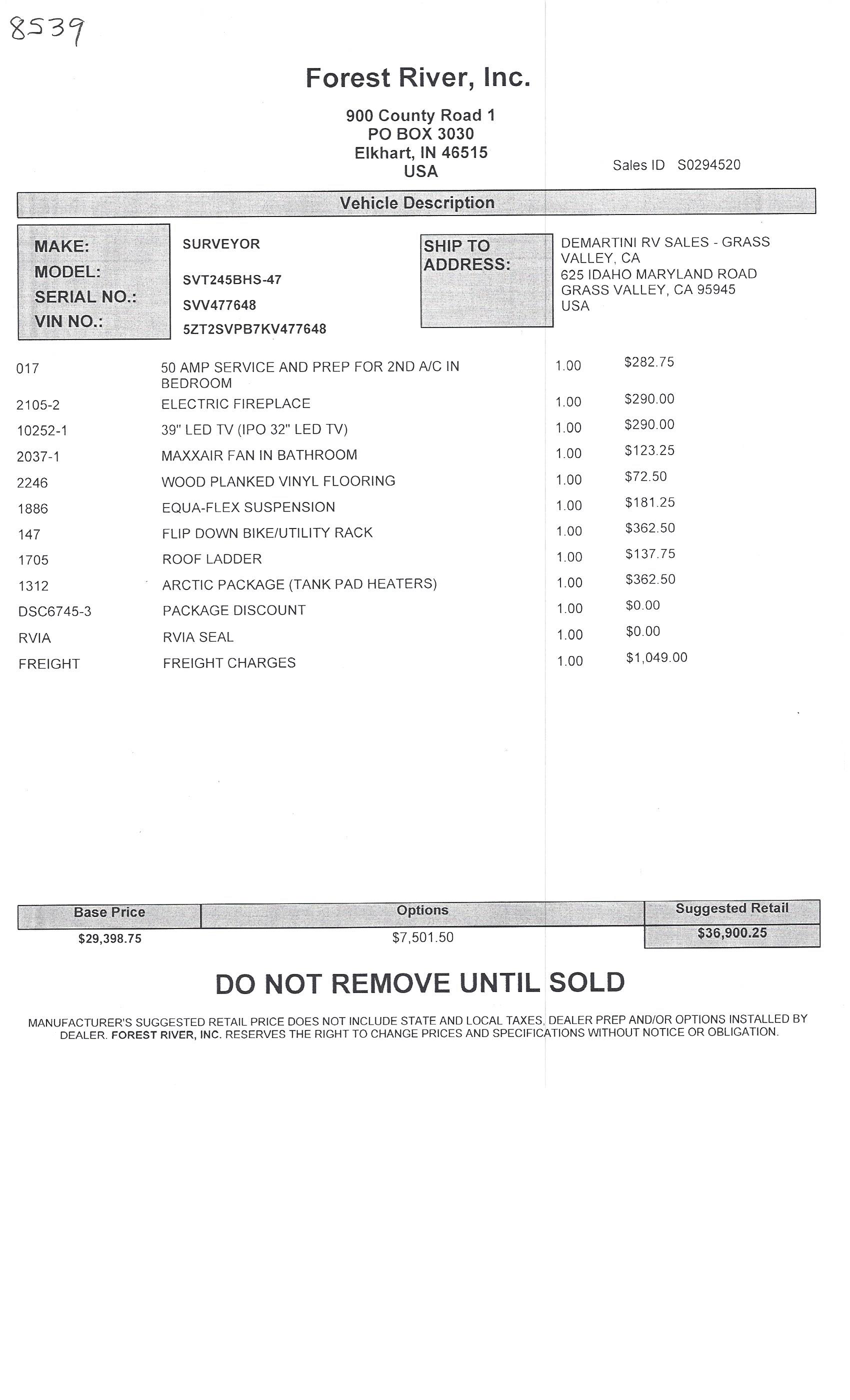 2019 Forest River Surveyor Luxury 245BHS MSRP Sheet