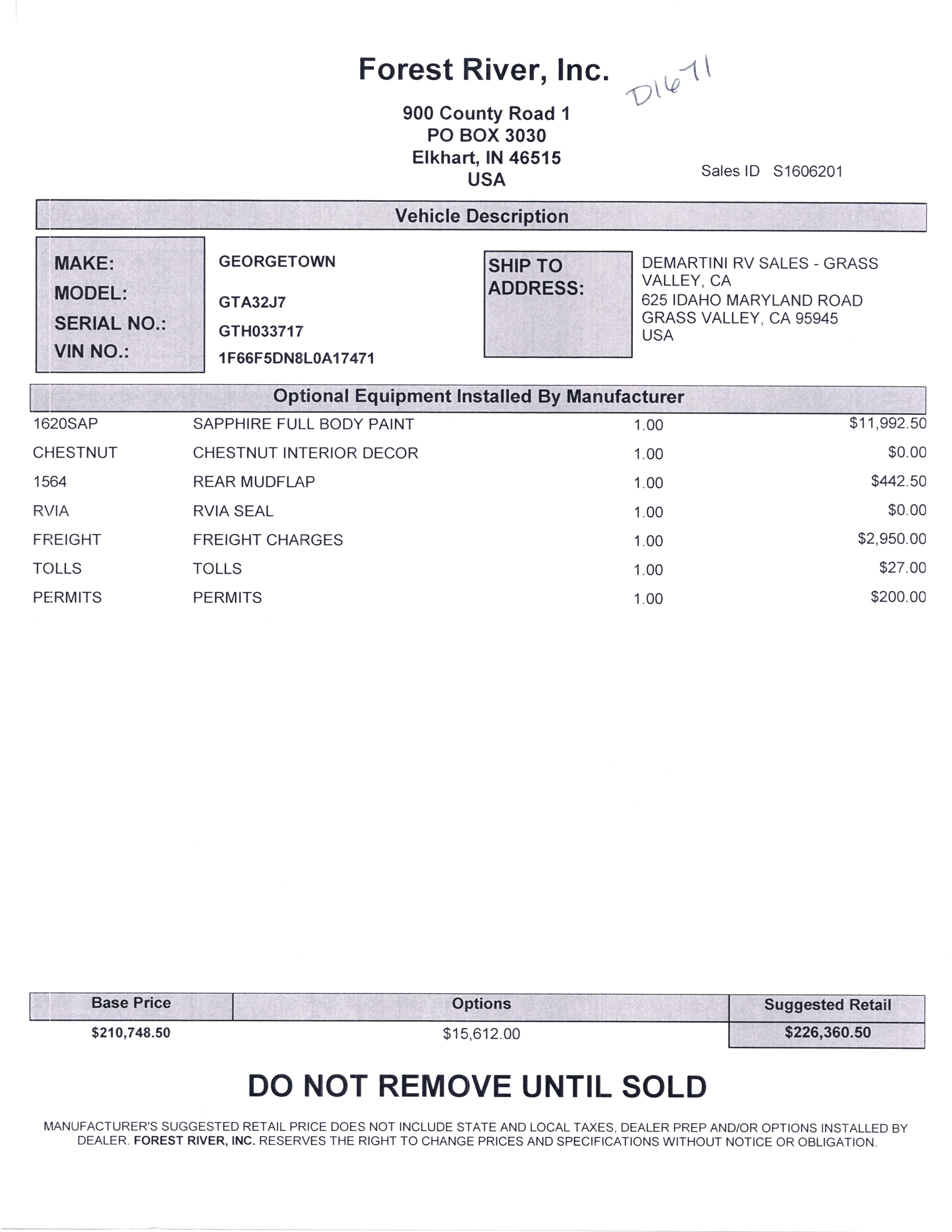 2021 Forest River Georgetown GT7 32J MSRP Sheet