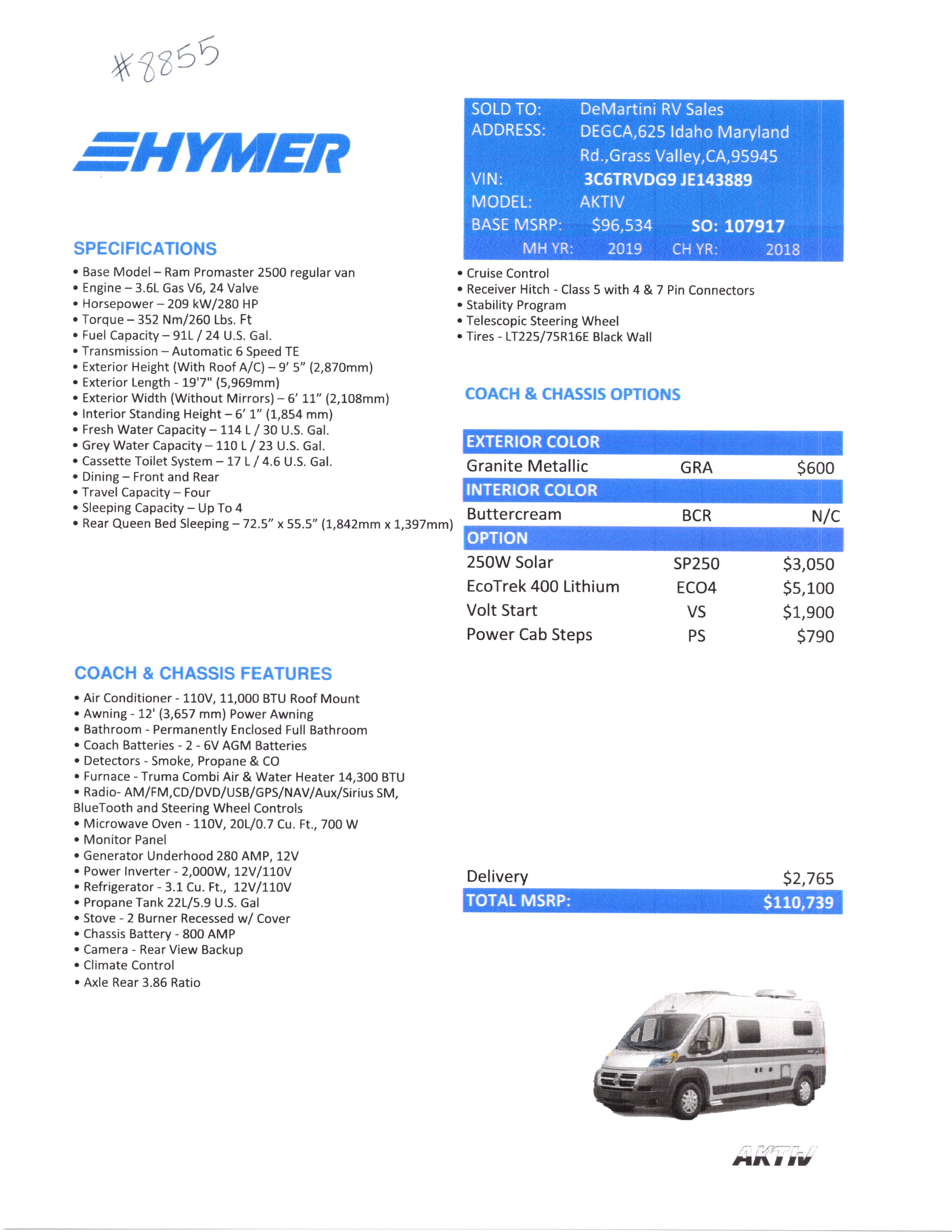 2019 Hymer Aktiv MSRP Sheet