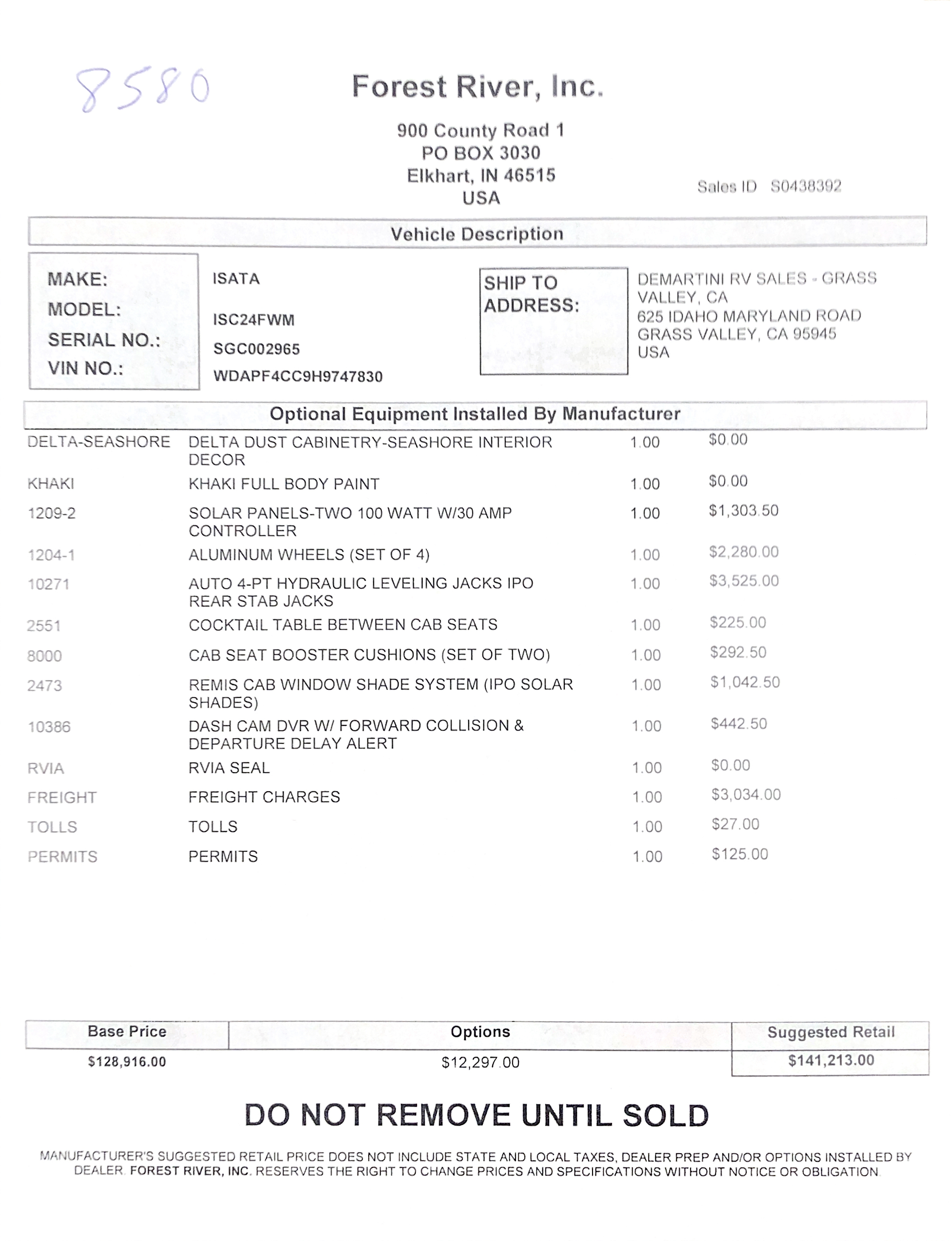 2019 Dynamax Isata 3 24FW MSRP Sheet