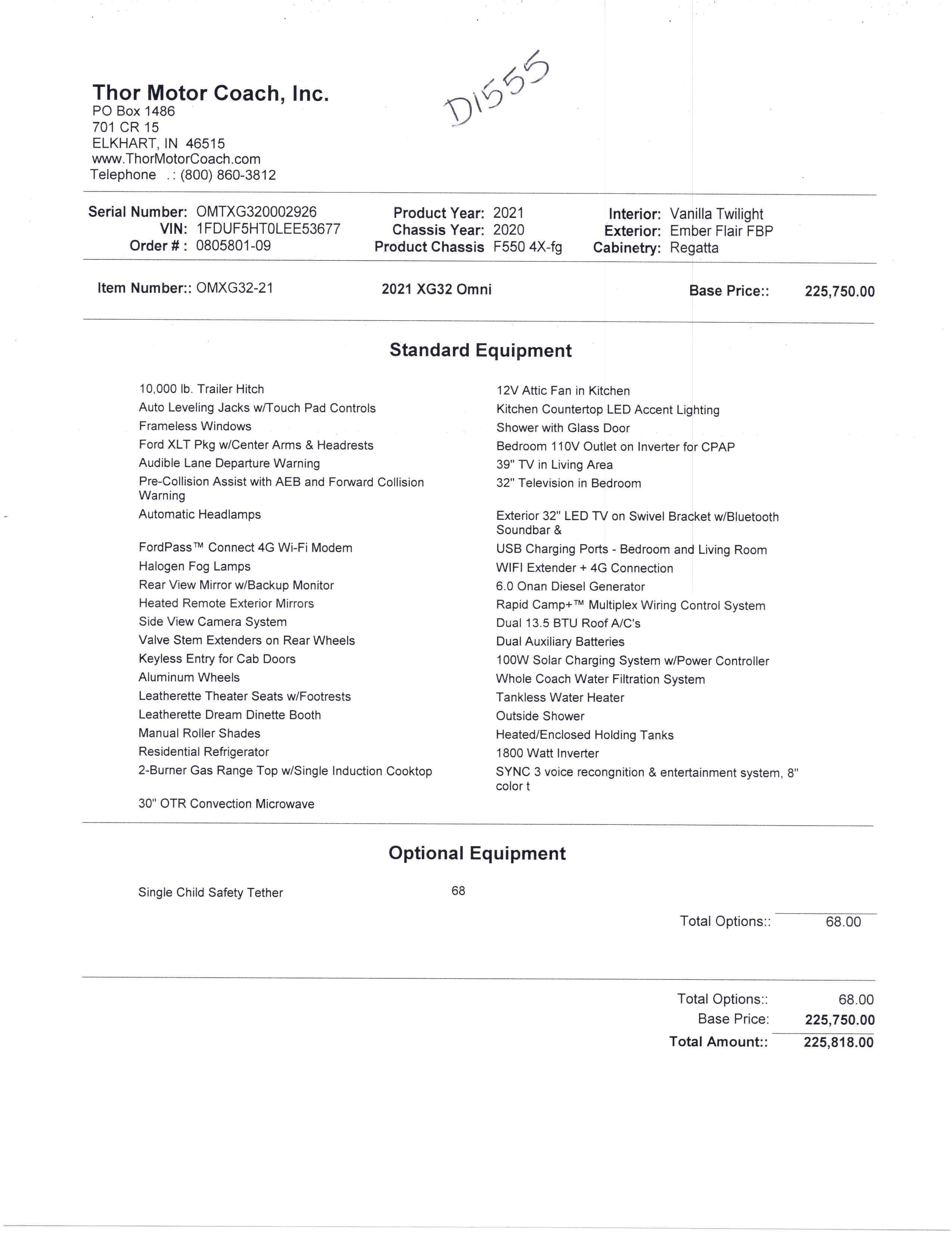 2021 Thor Omni 4x4 XG32 MSRP Sheet