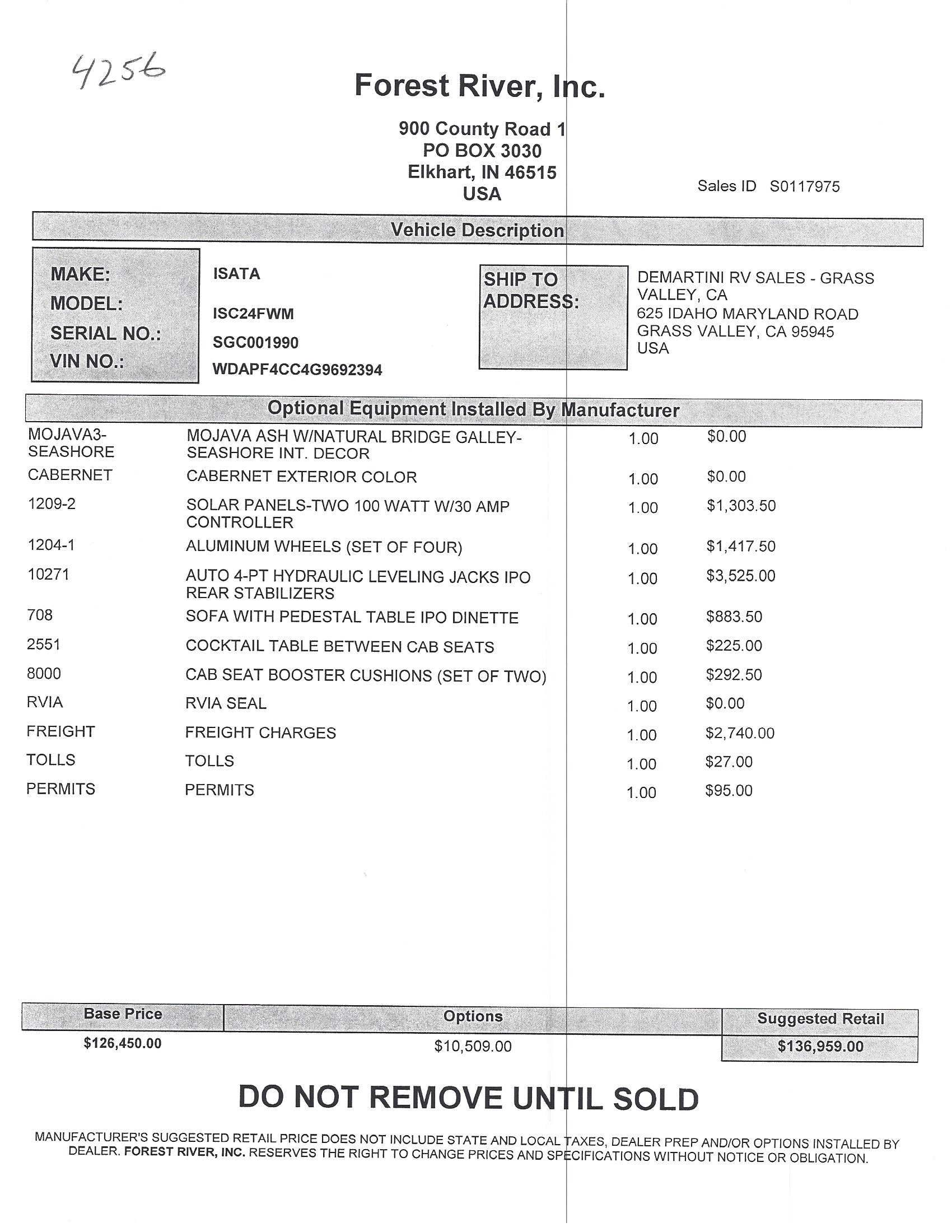 2018 Dynamax Isata 3 24FW MSRP Sheet