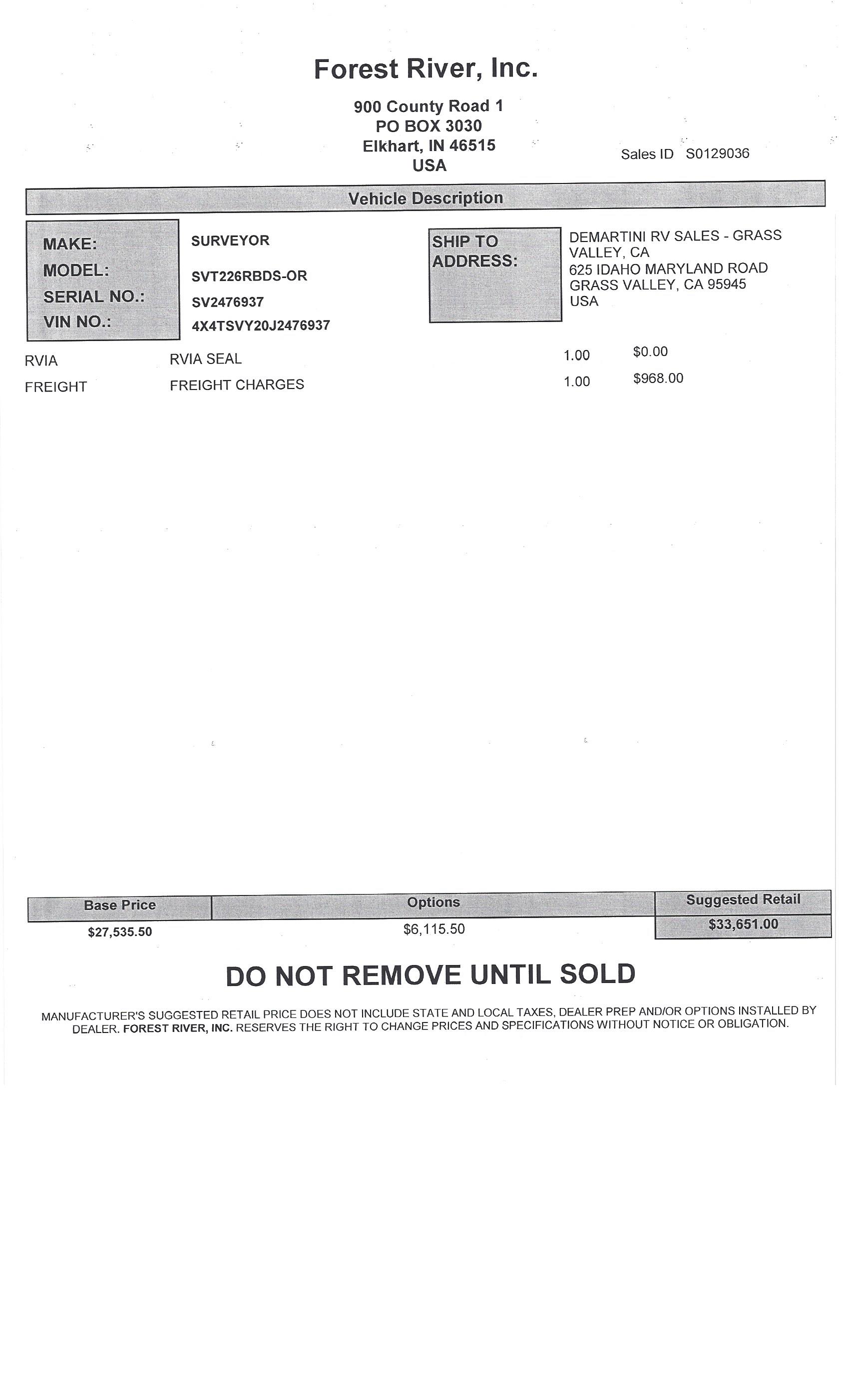 2018 Forest River Surveyor 226RBDS MSRP Sheet