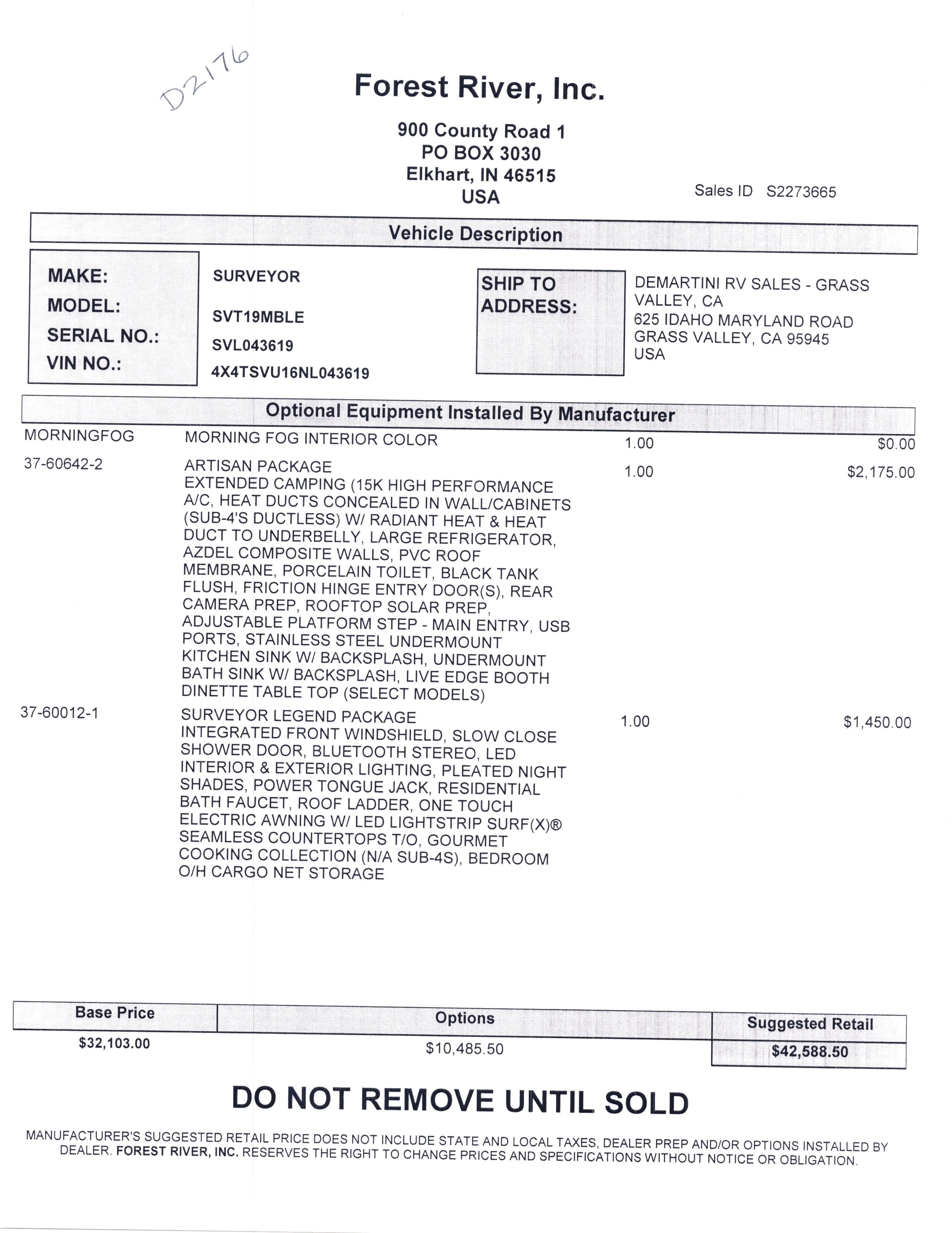 2022 Forest River Surveyor Legend 19MBLE MSRP Sheet