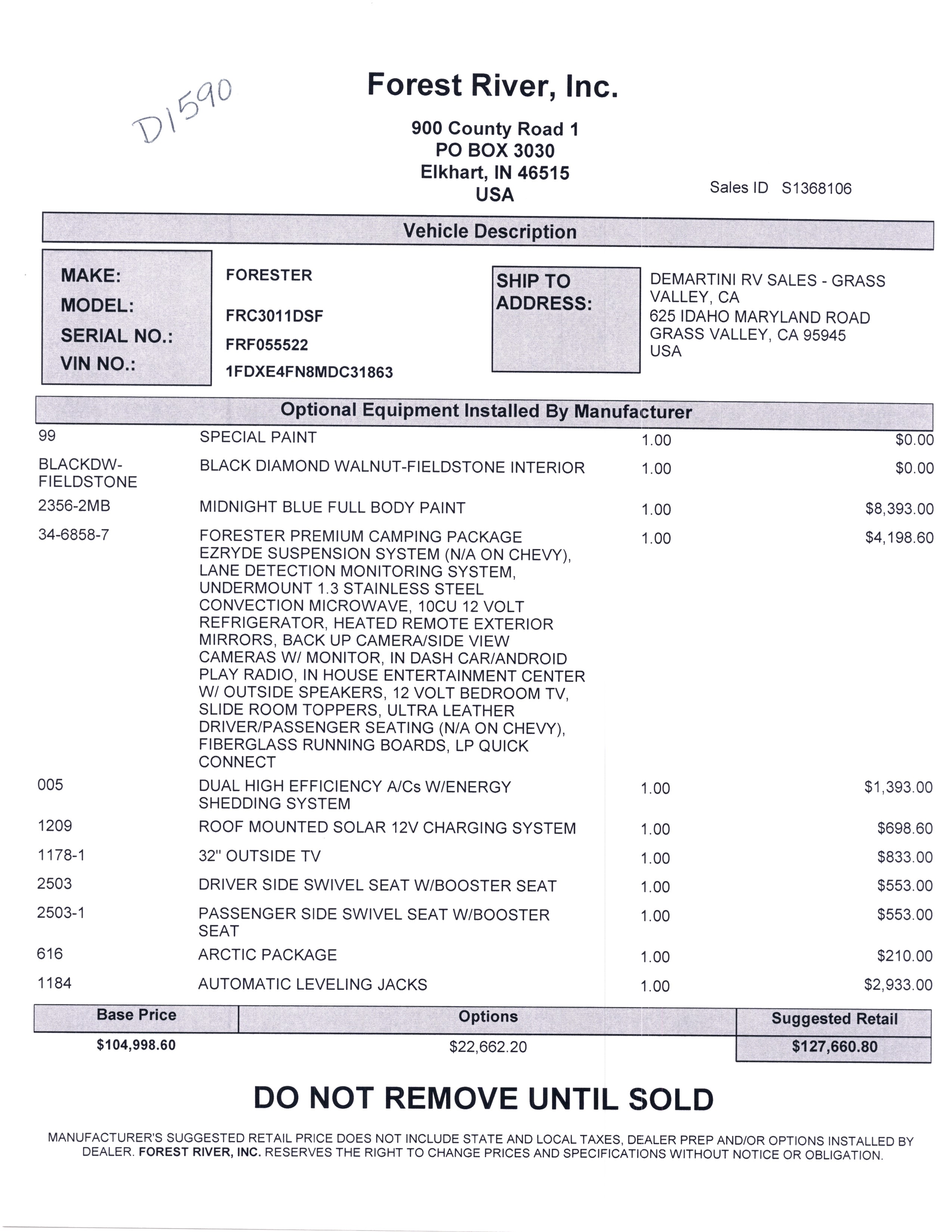 2021 Forest River Forester Classic 3011DS MSRP Sheet