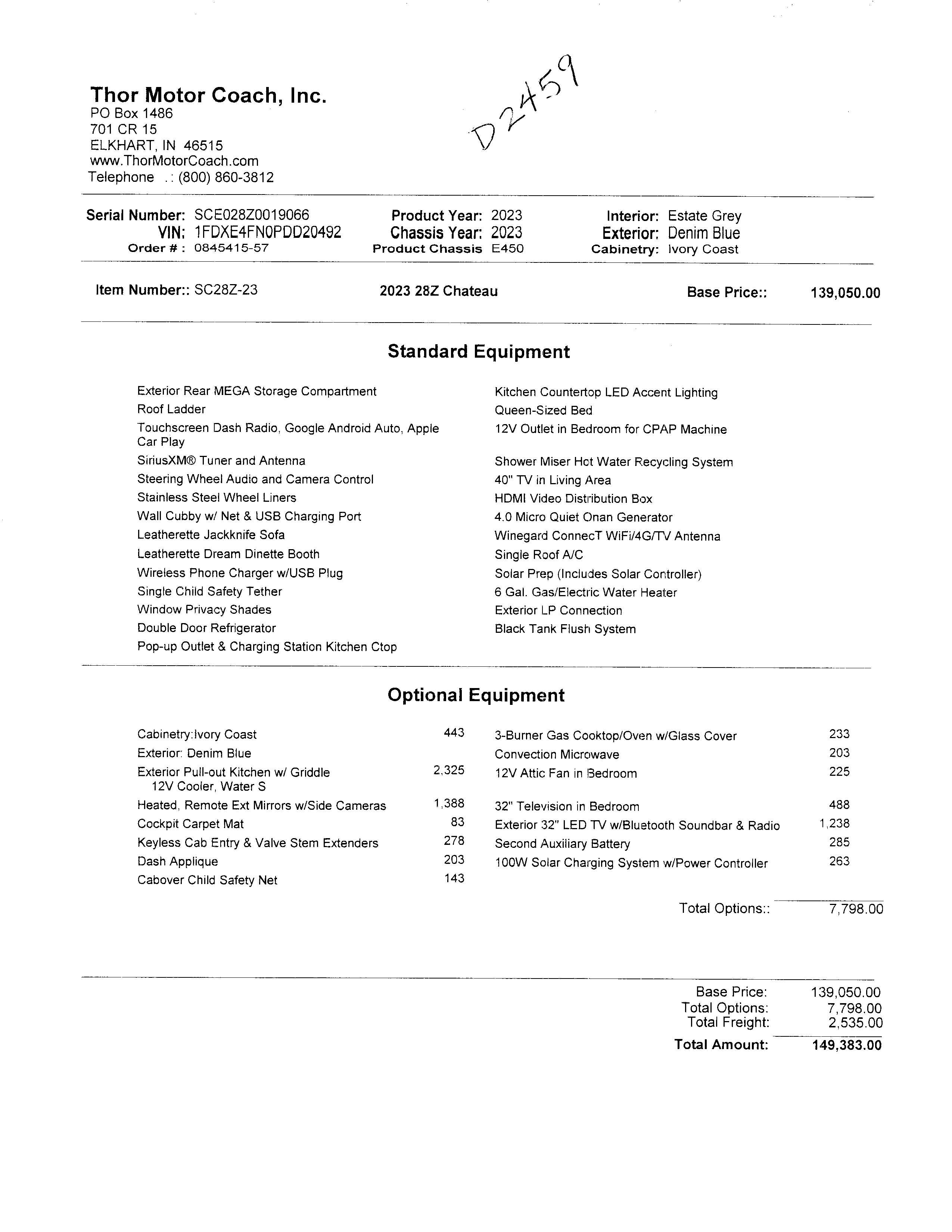 2023 Thor Chateau 28Z MSRP Sheet