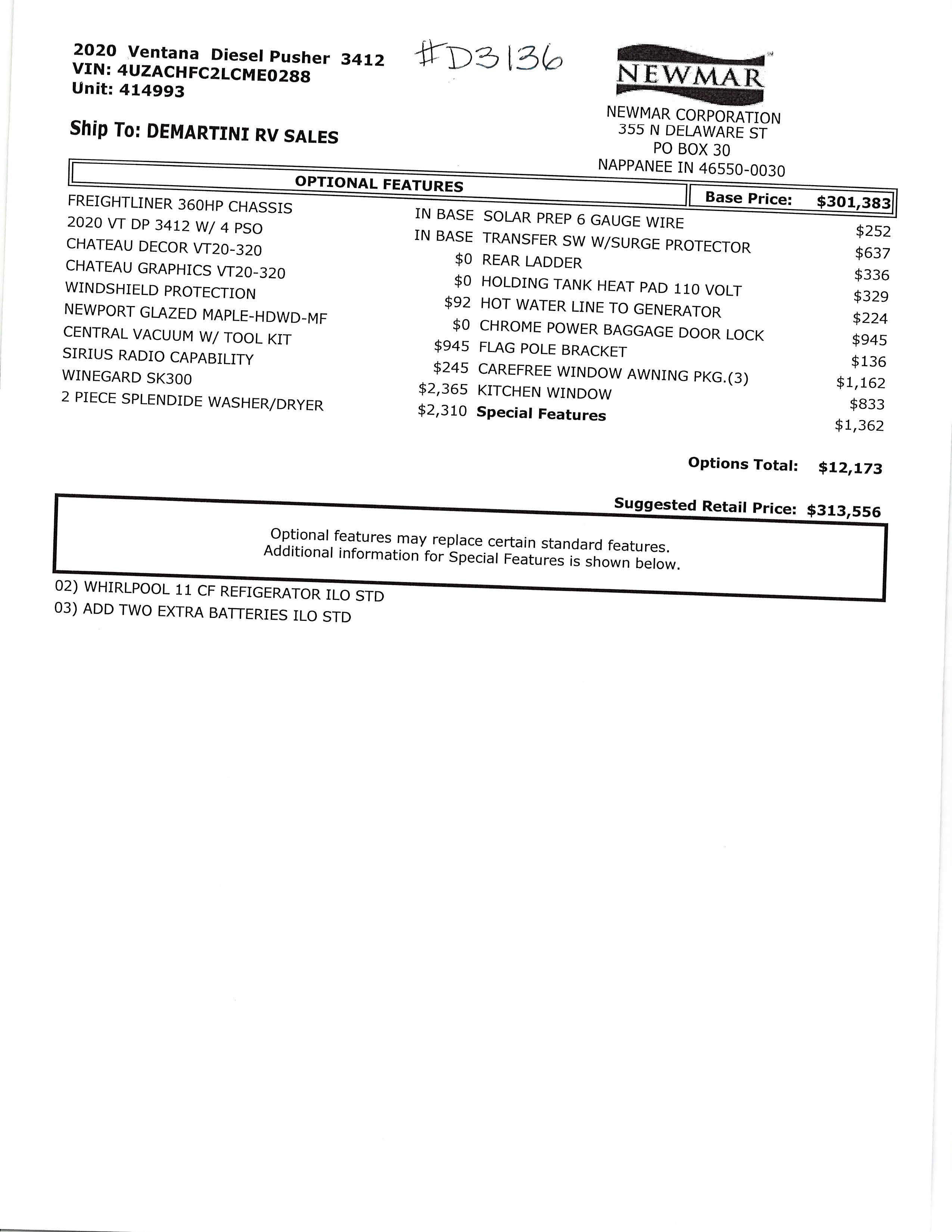 2020 Newmar Ventana 3412 MSRP Sheet