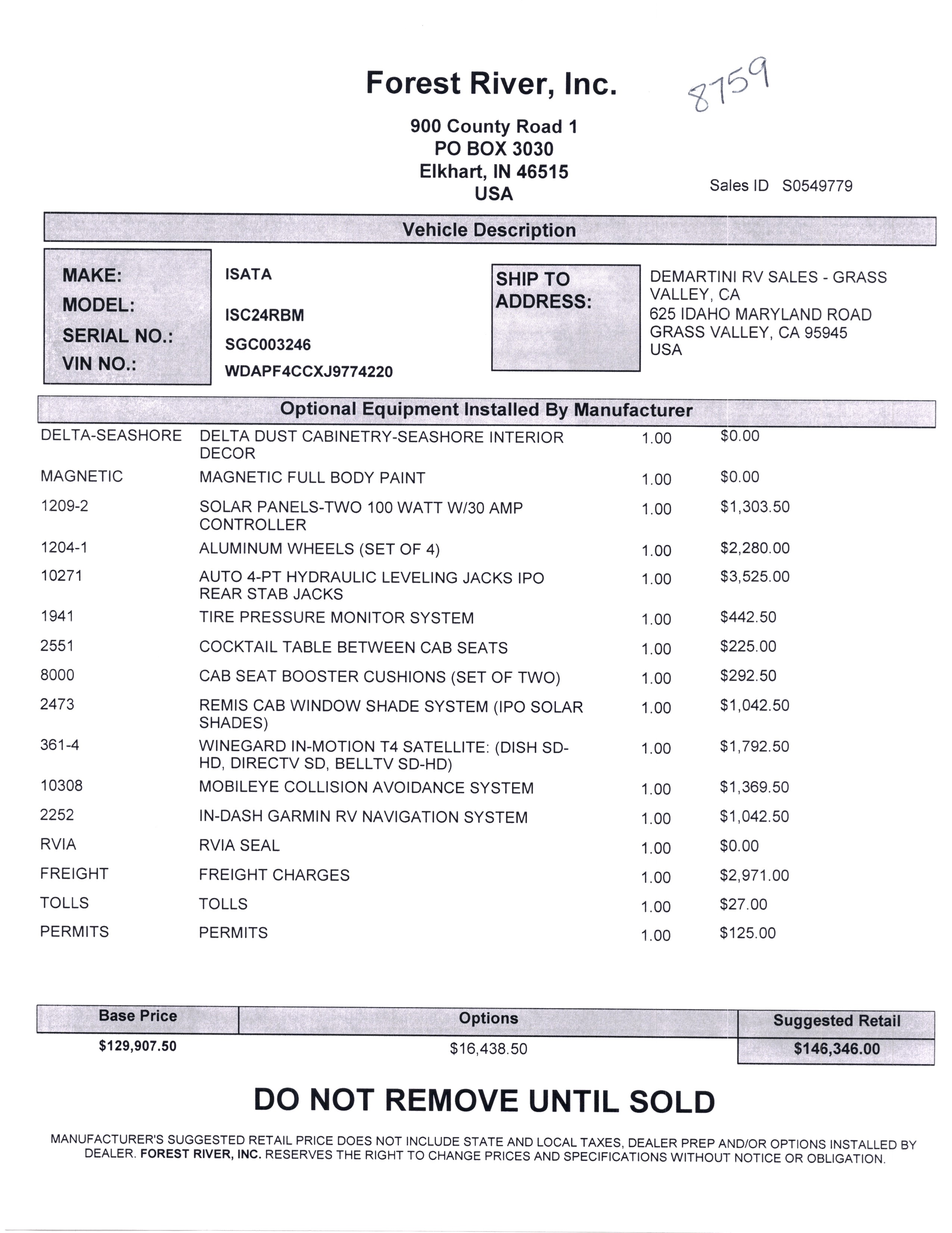 2020 Dynamax Isata 3 24RB MSRP Sheet