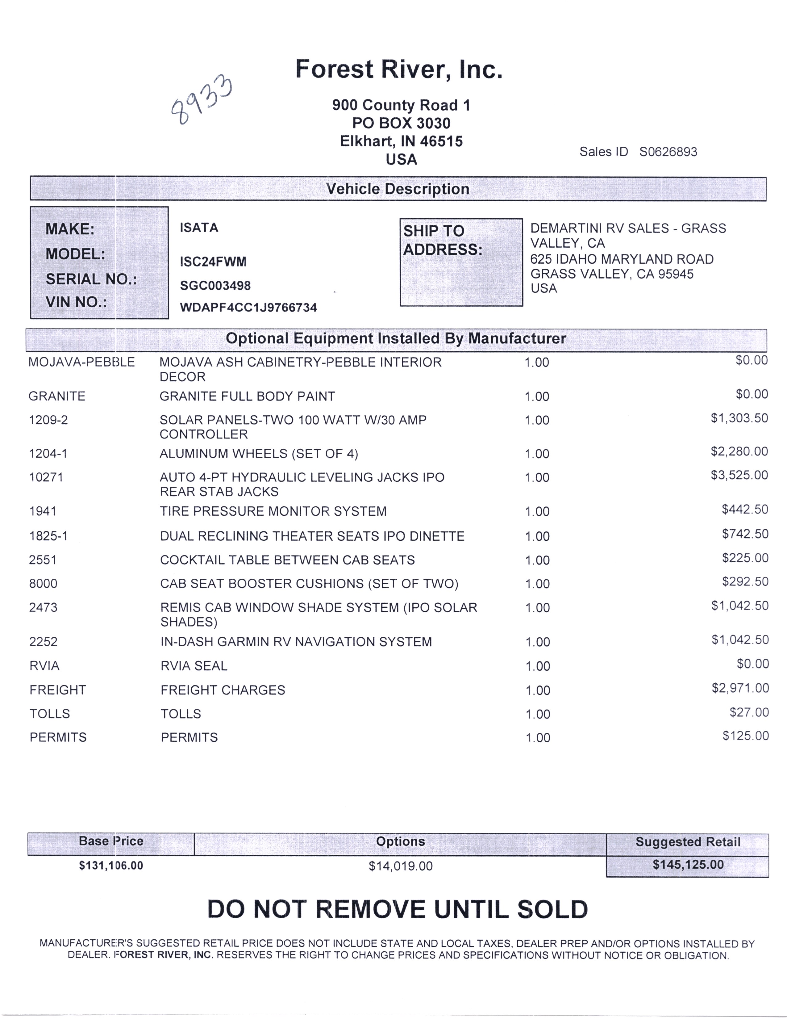 2020 Forest River Isata 3 24FW MSRP Sheet