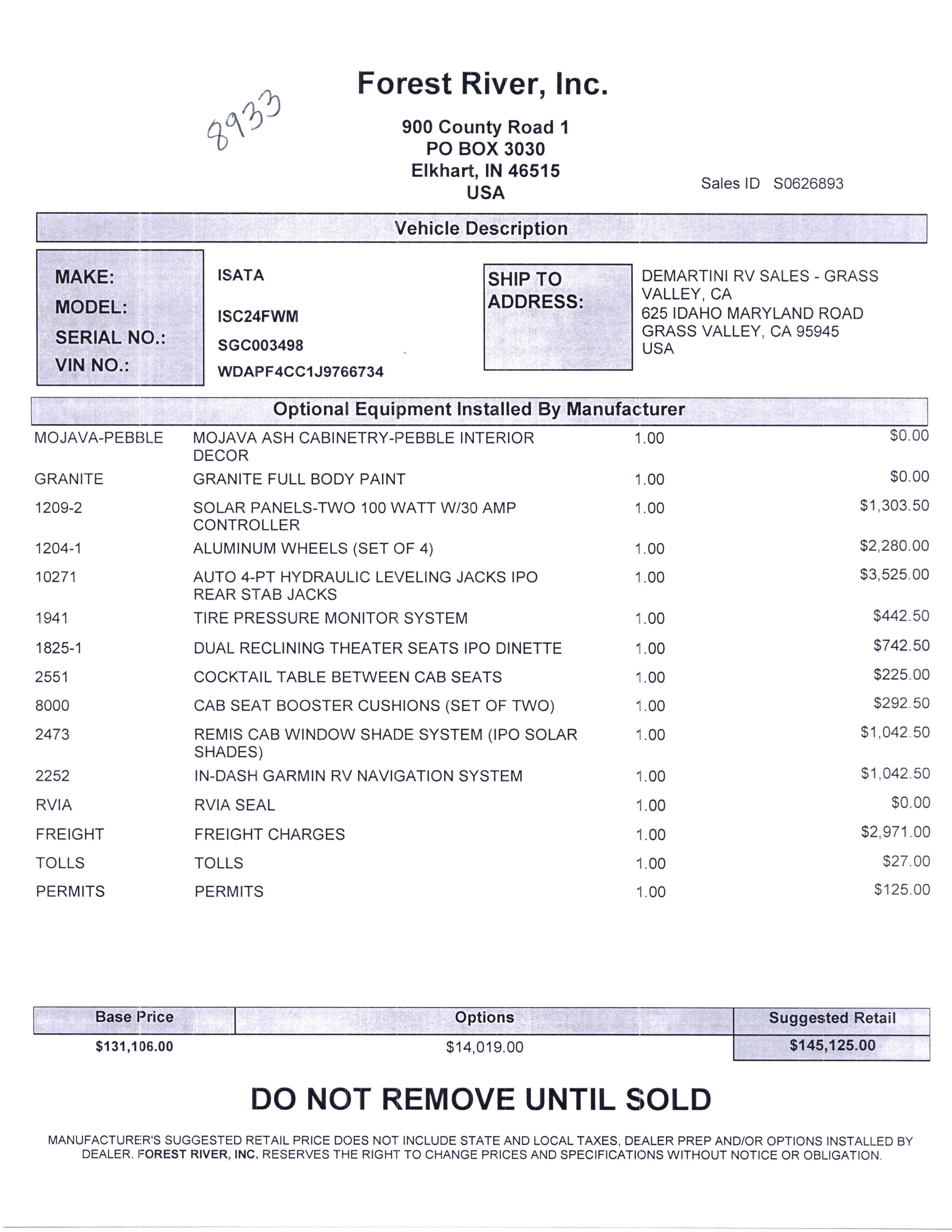 2020 Dynamax Isata 3 24FW MSRP Sheet