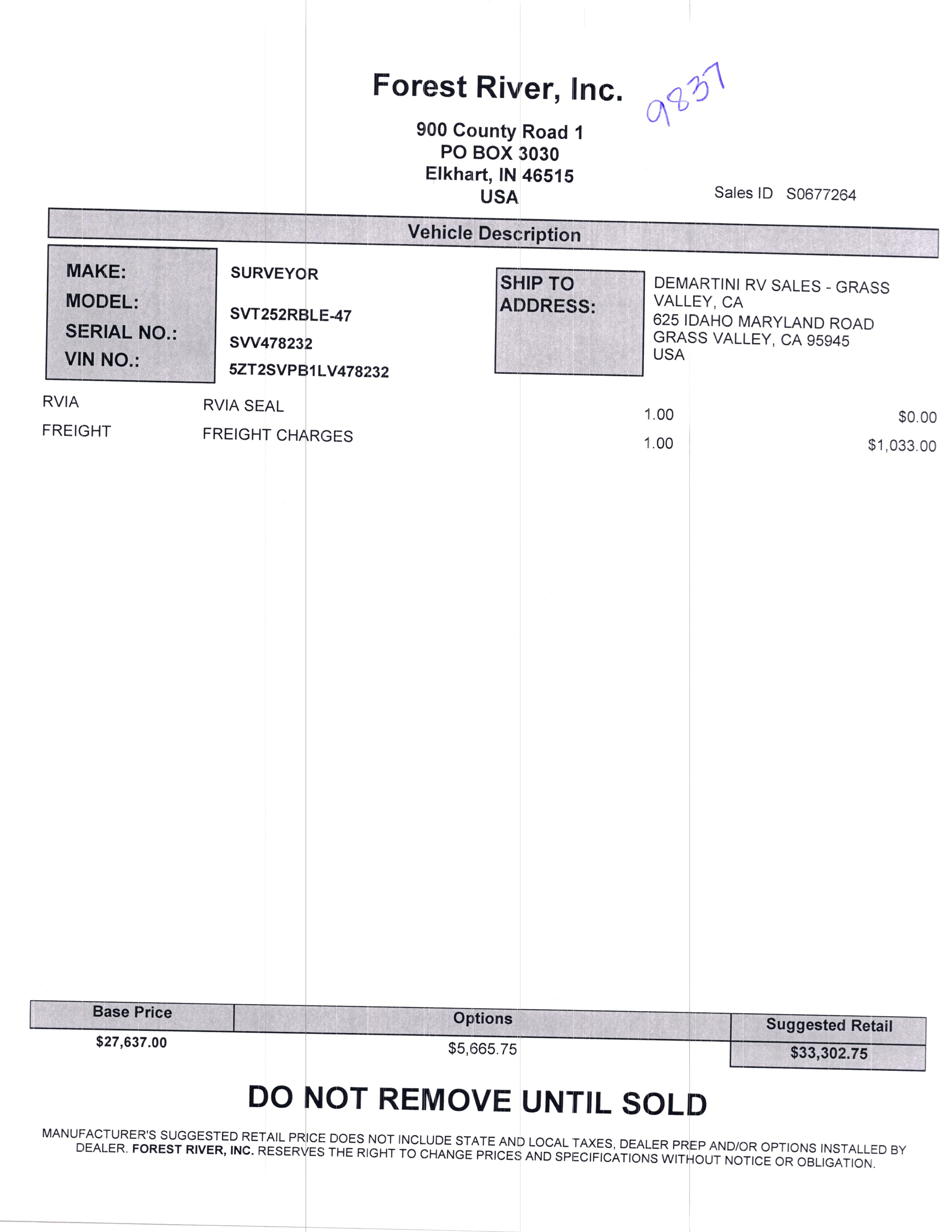 2020 Forest River Surveyor Legend 252RBLE MSRP Sheet