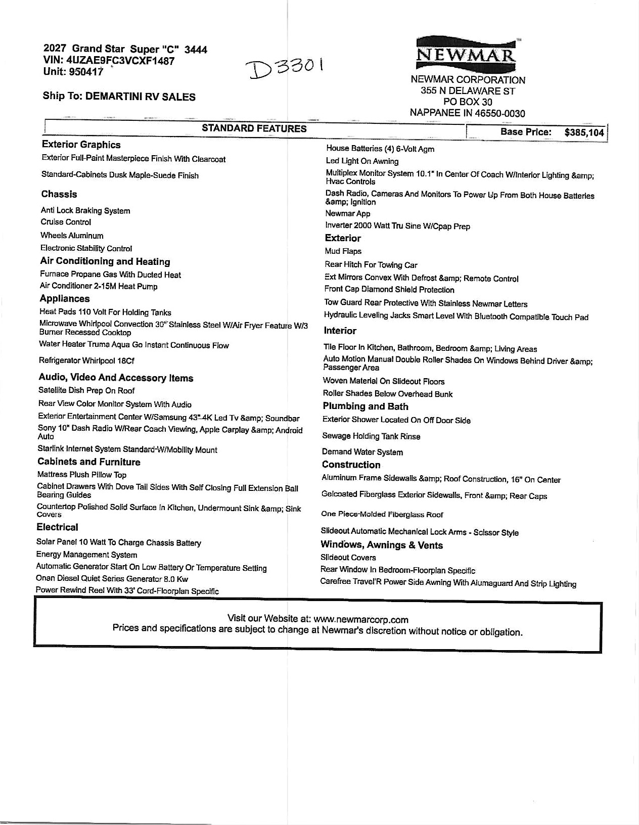 2027 Newmar Grand Star 3444 MSRP Sheet