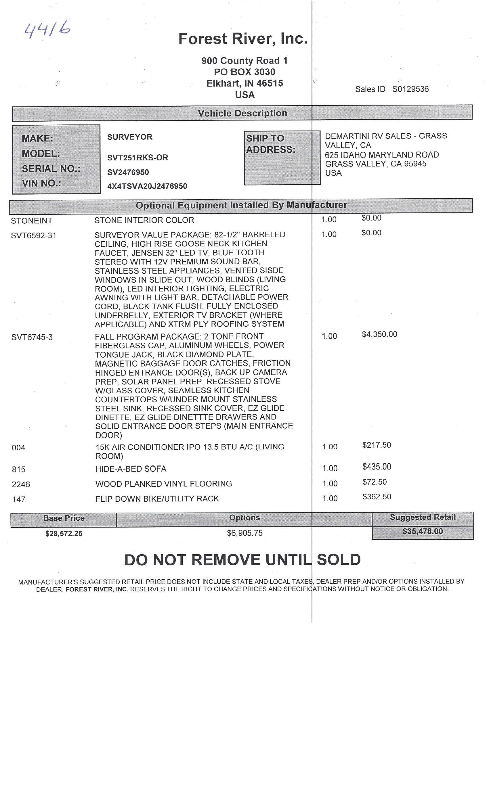 2018 Forest River Surveyor 251RKS MSRP Sheet