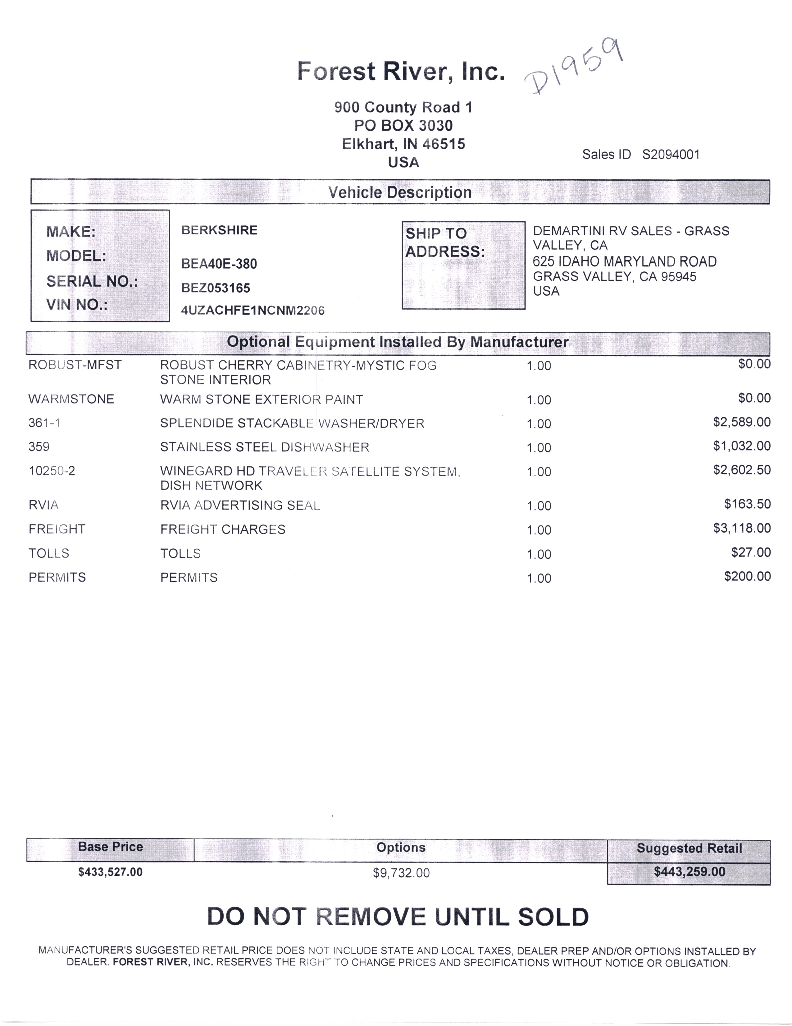 2022 Forest River Berkshire XL 40E MSRP Sheet