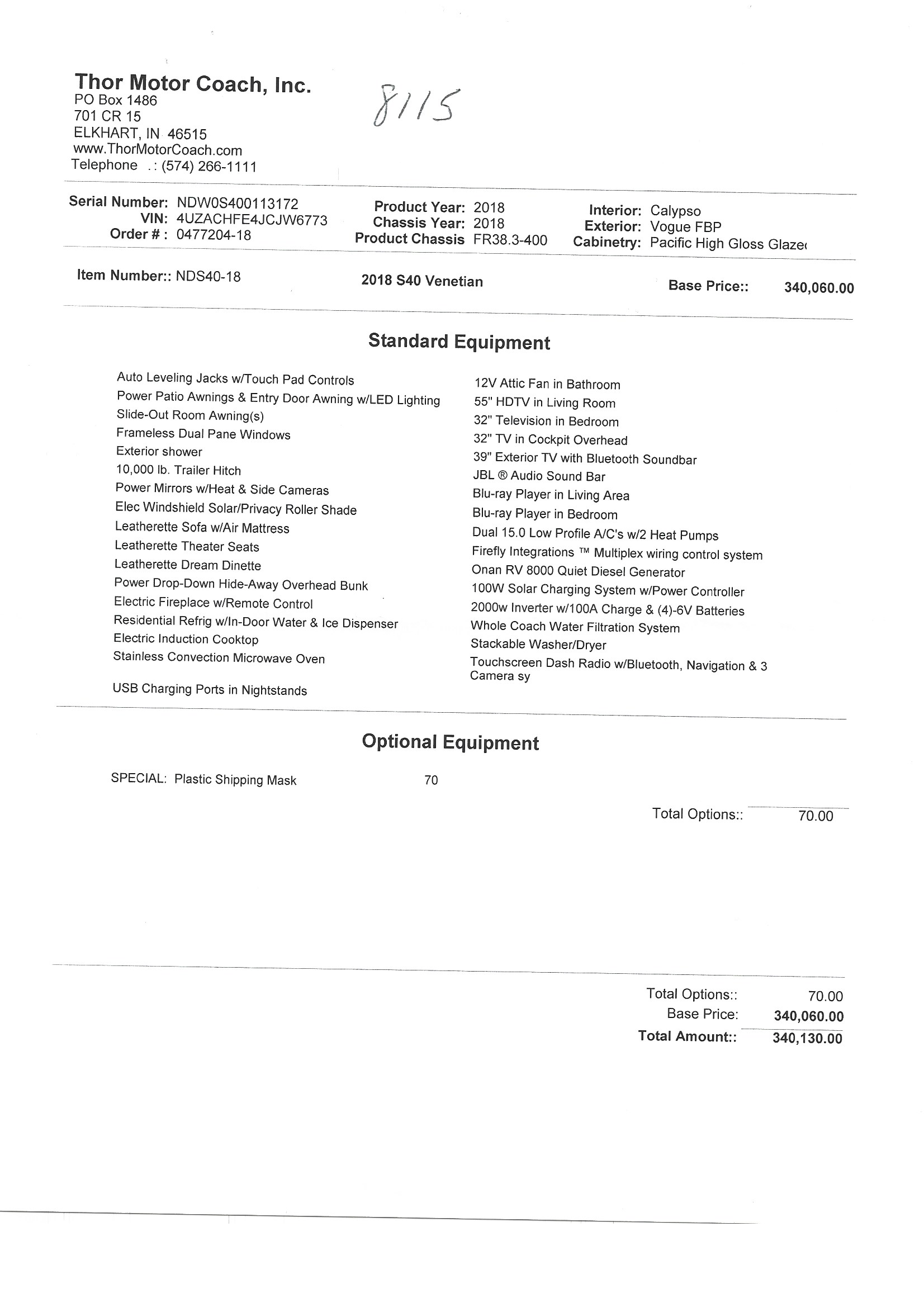 2018 Thor Venetian S40 MSRP Sheet