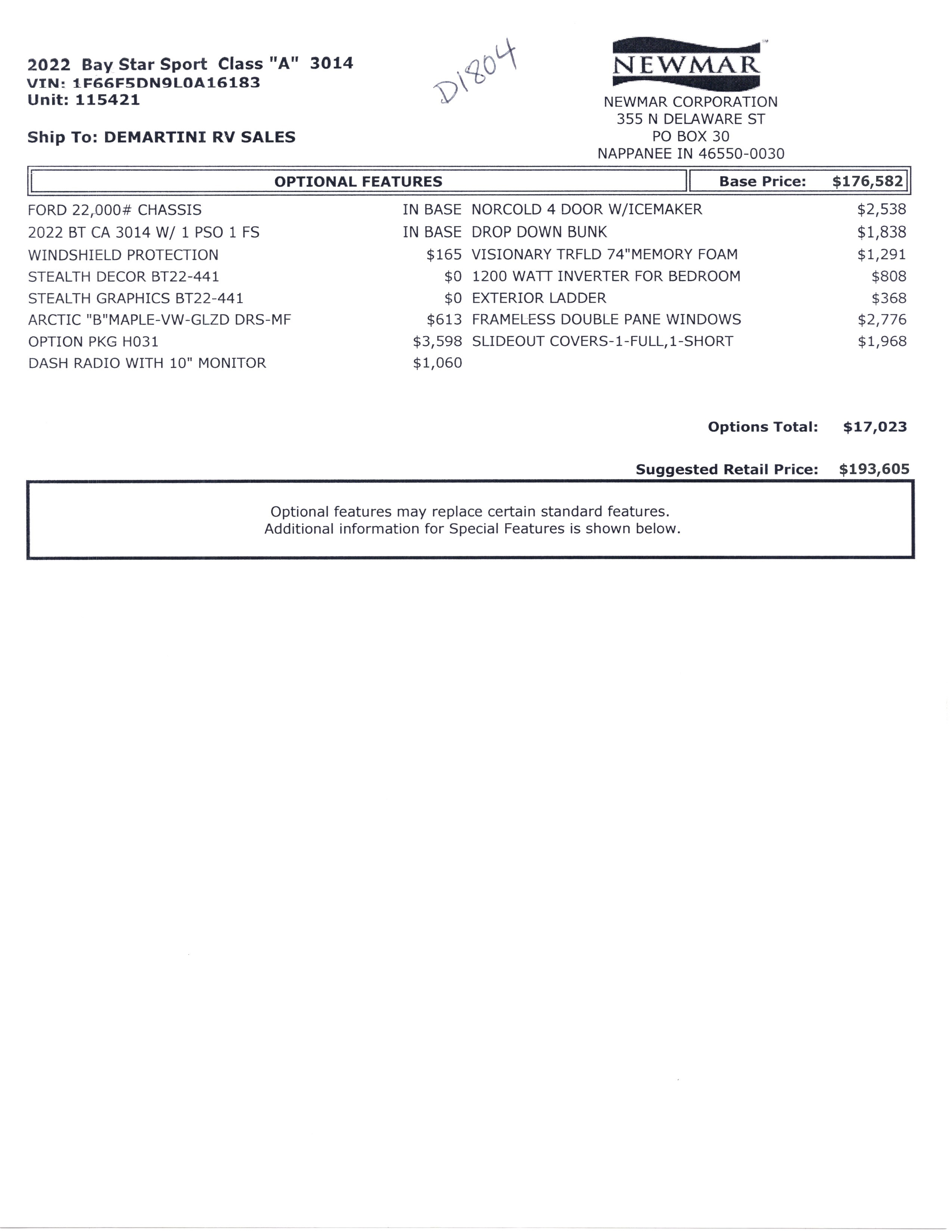 2022 Newmar Bay Star Sport 3014 MSRP Sheet