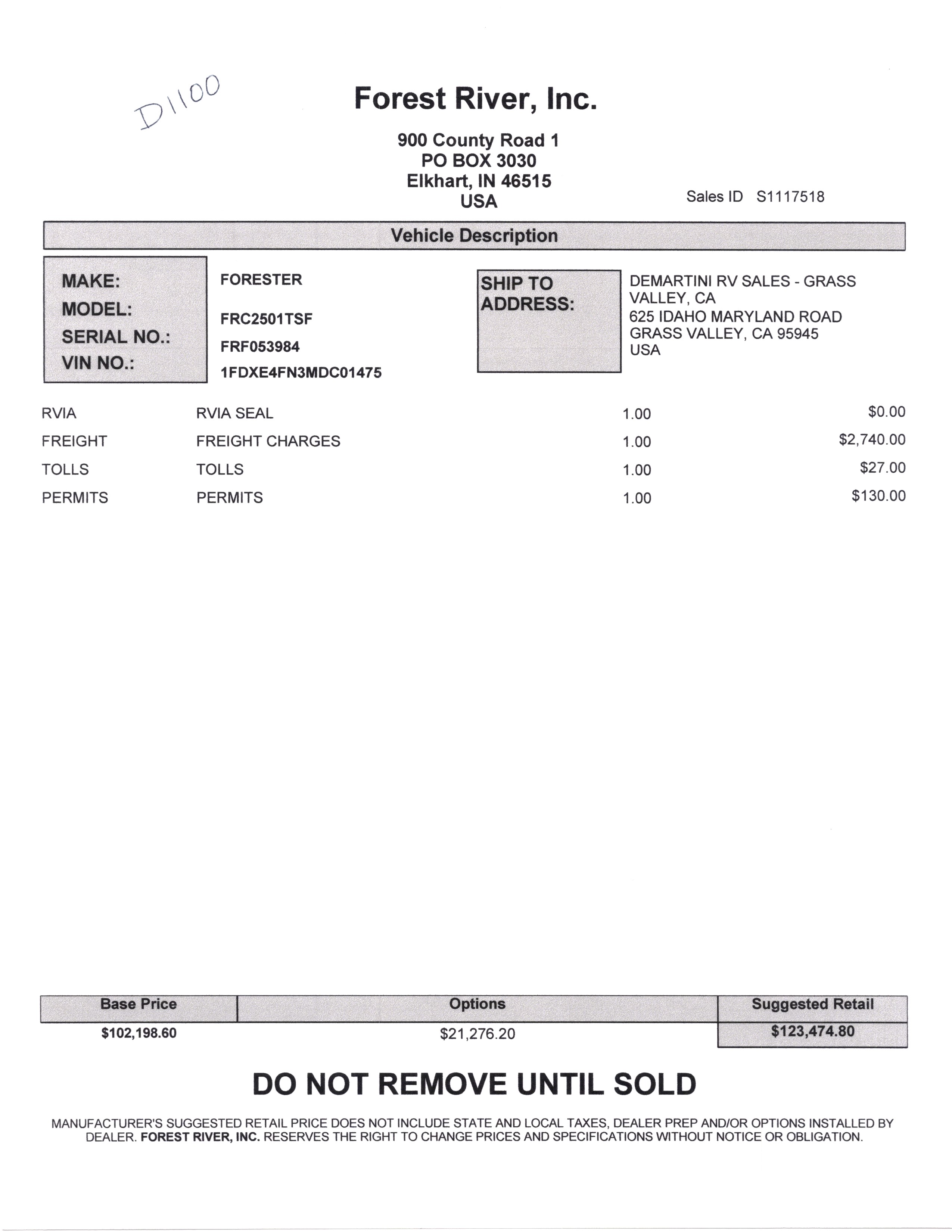 2021 Forest River Forester Classic 2501TS MSRP Sheet