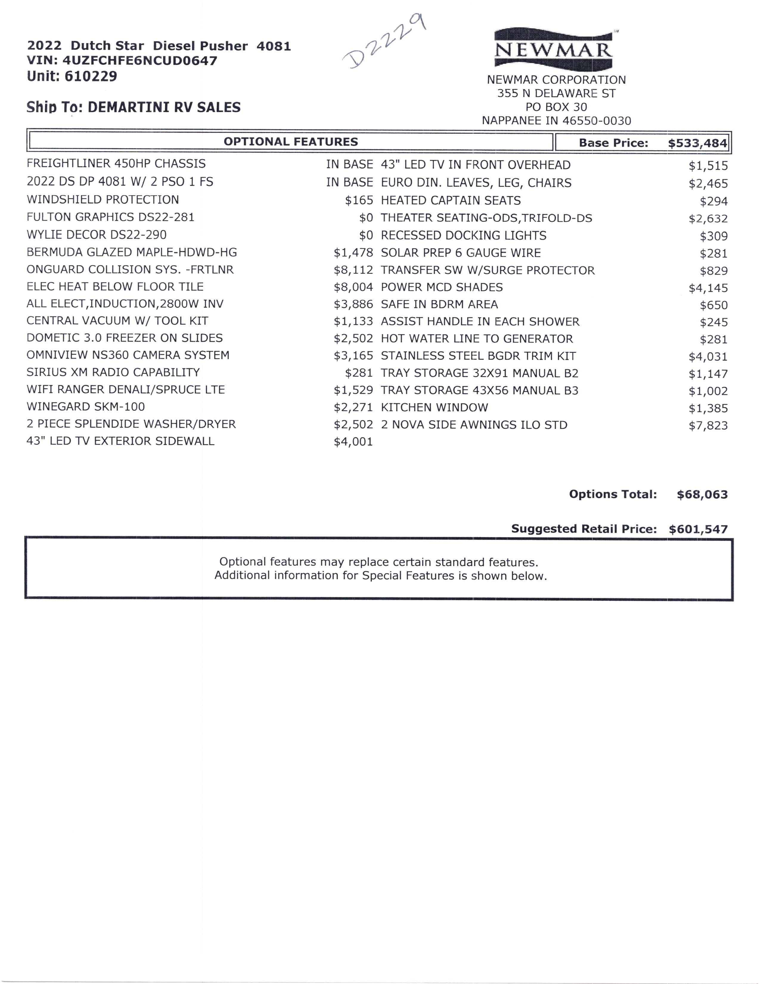 2022 Newmar Dutch Star 4081 MSRP Sheet