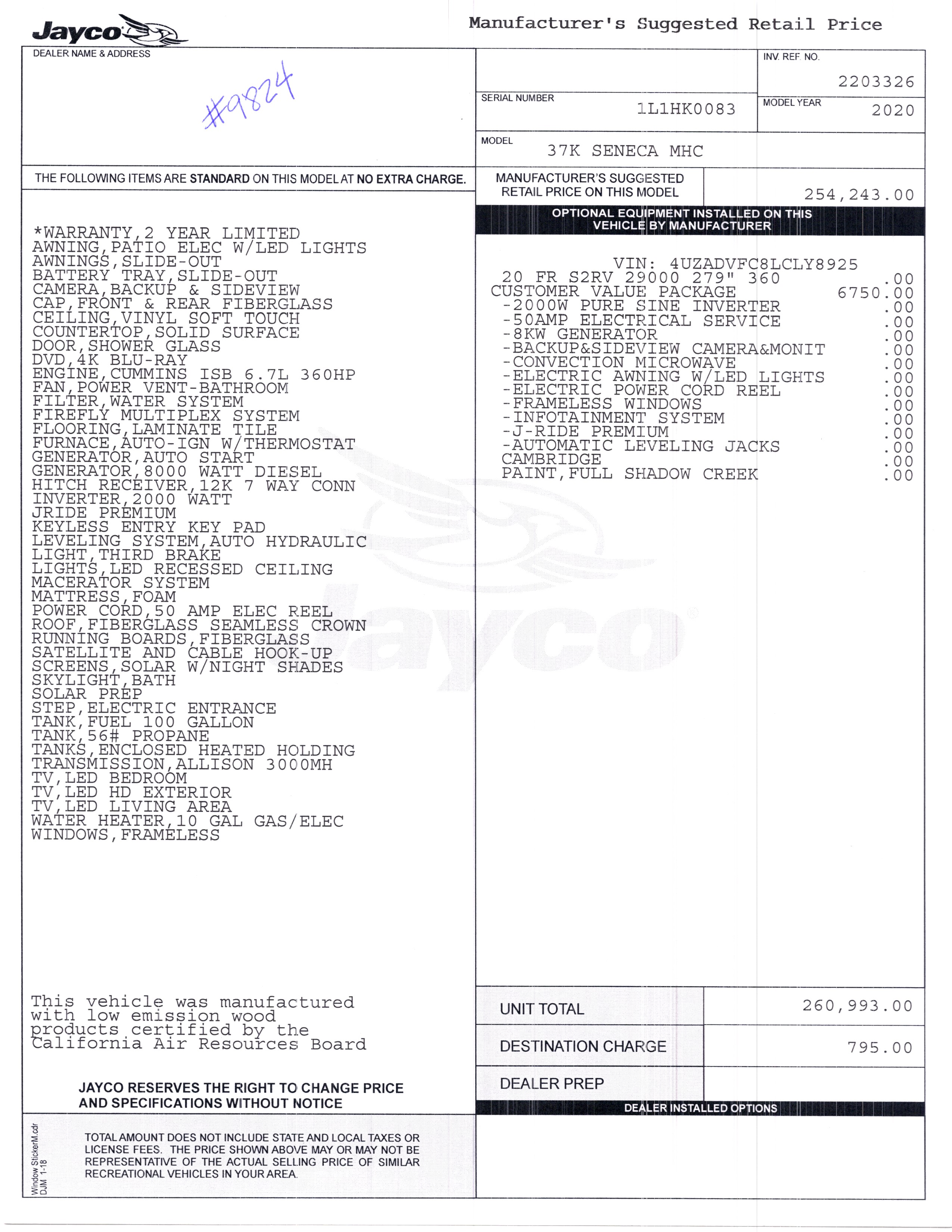 2020 Jayco Seneca 37K MSRP Sheet