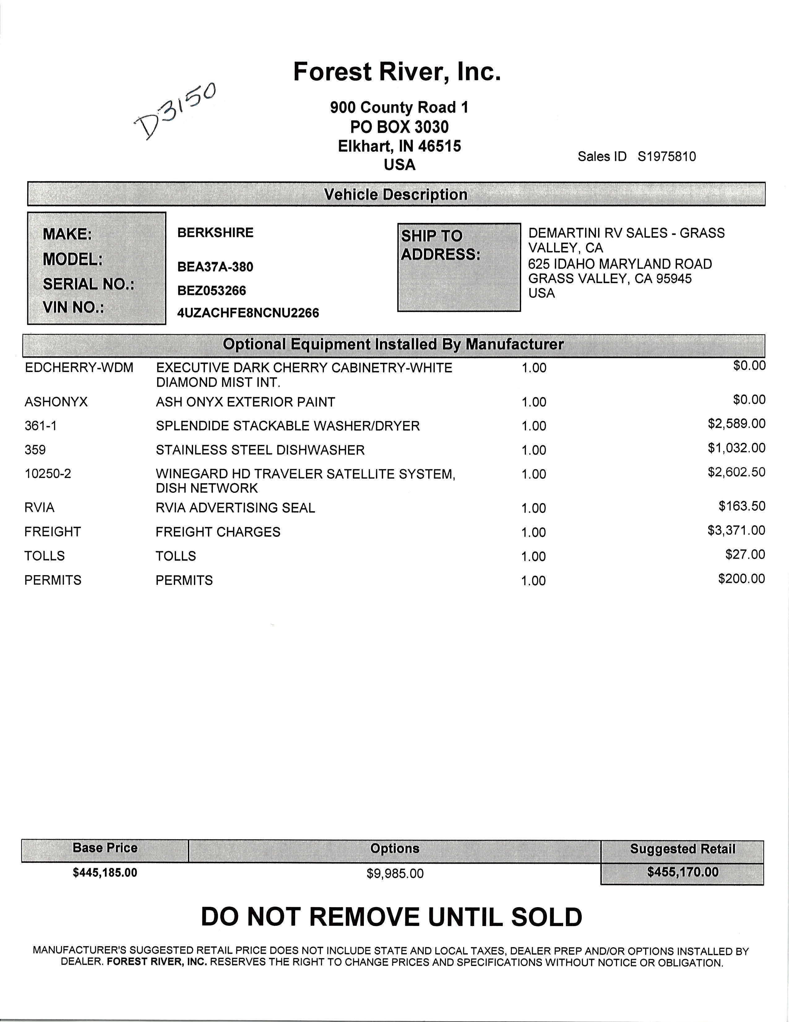 2022 Forest River Berkshire XL 37A MSRP Sheet