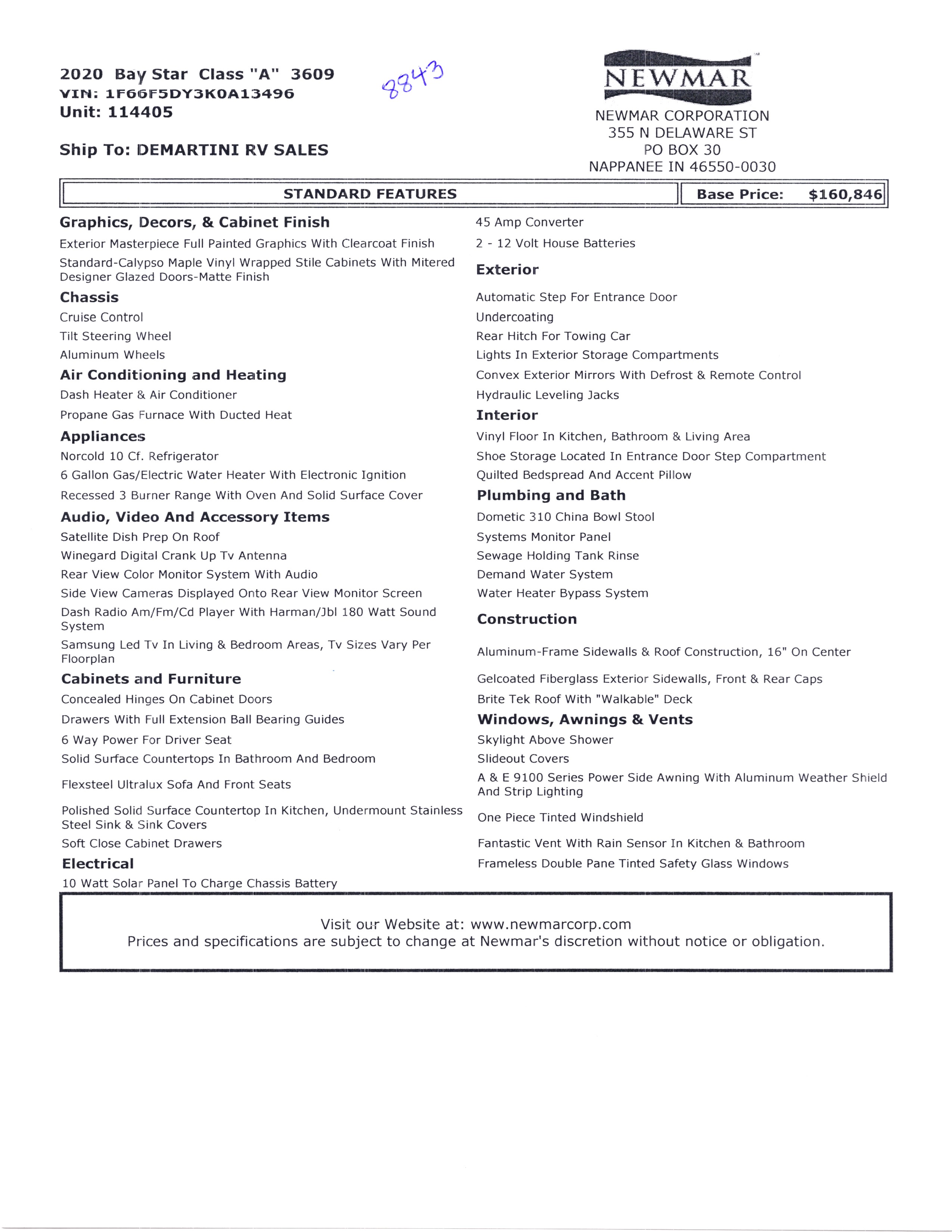 2020 Newmar Bay Star 3609 MSRP Sheet