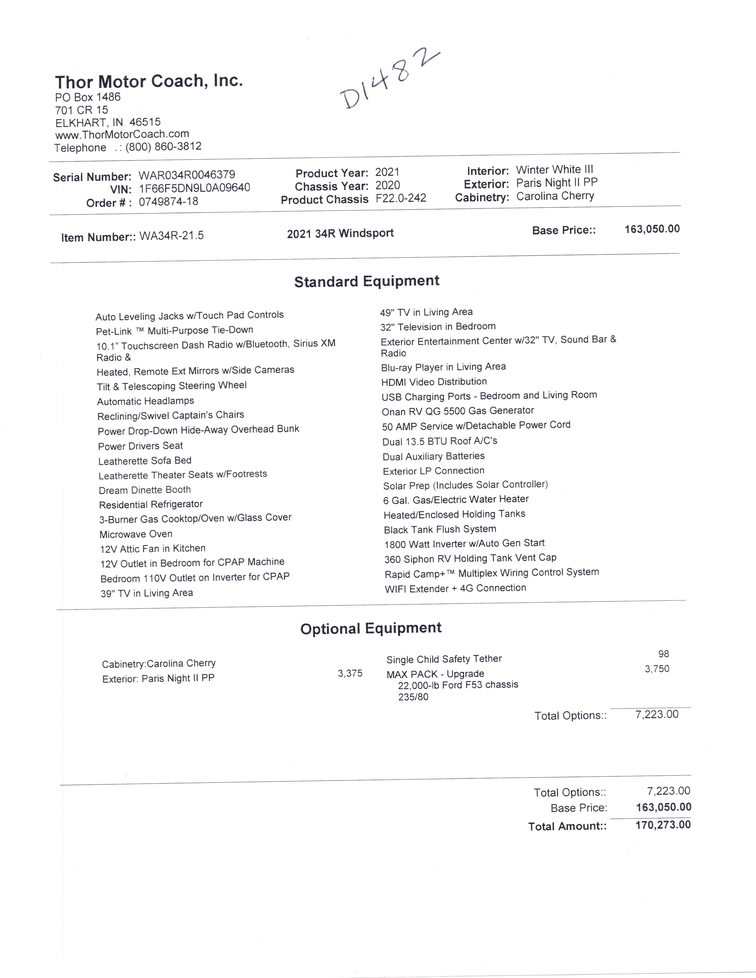 2021 Thor Windsport 34R MSRP Sheet