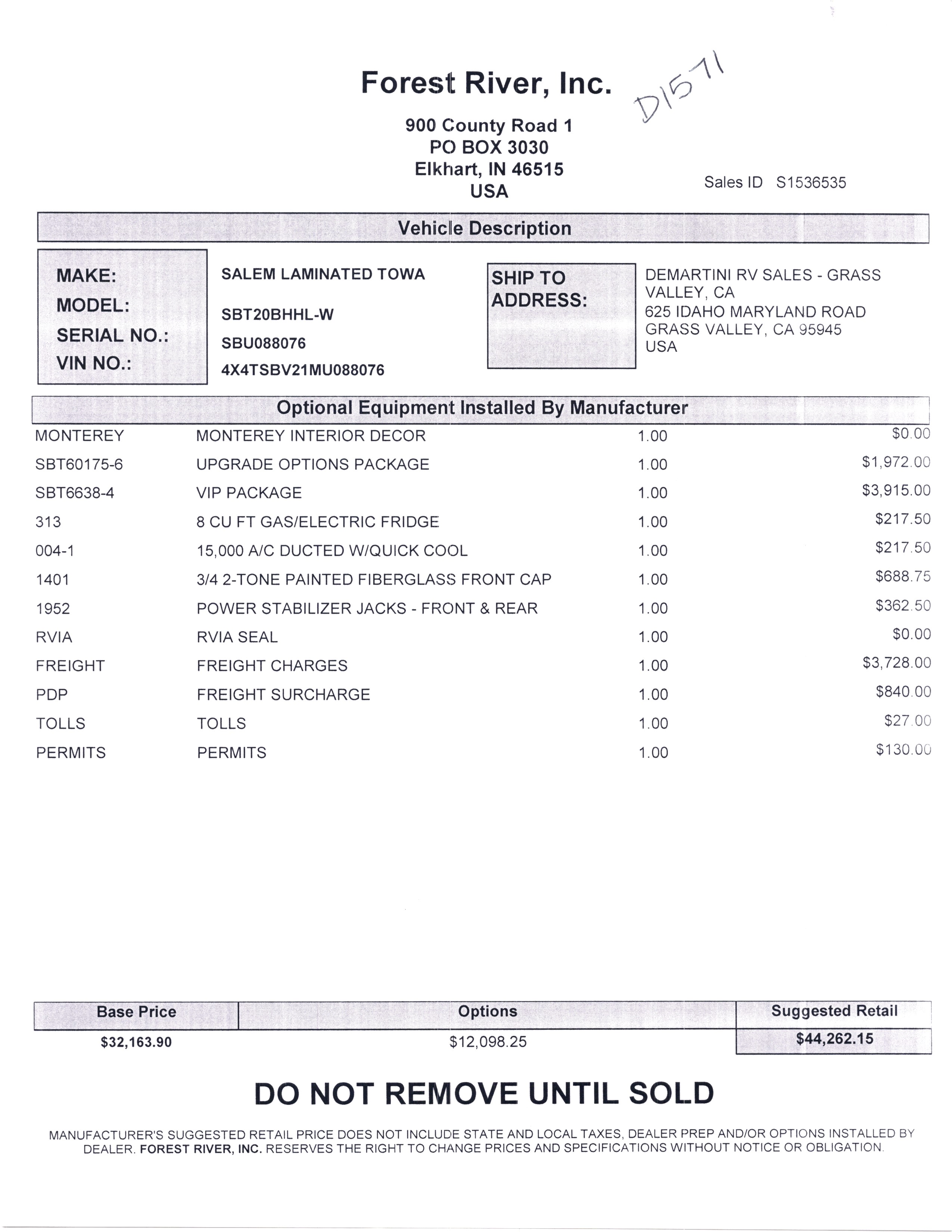 2021 Forest River Salem Hemisphere Hyper-Lyte 20BHHL MSRP Sheet