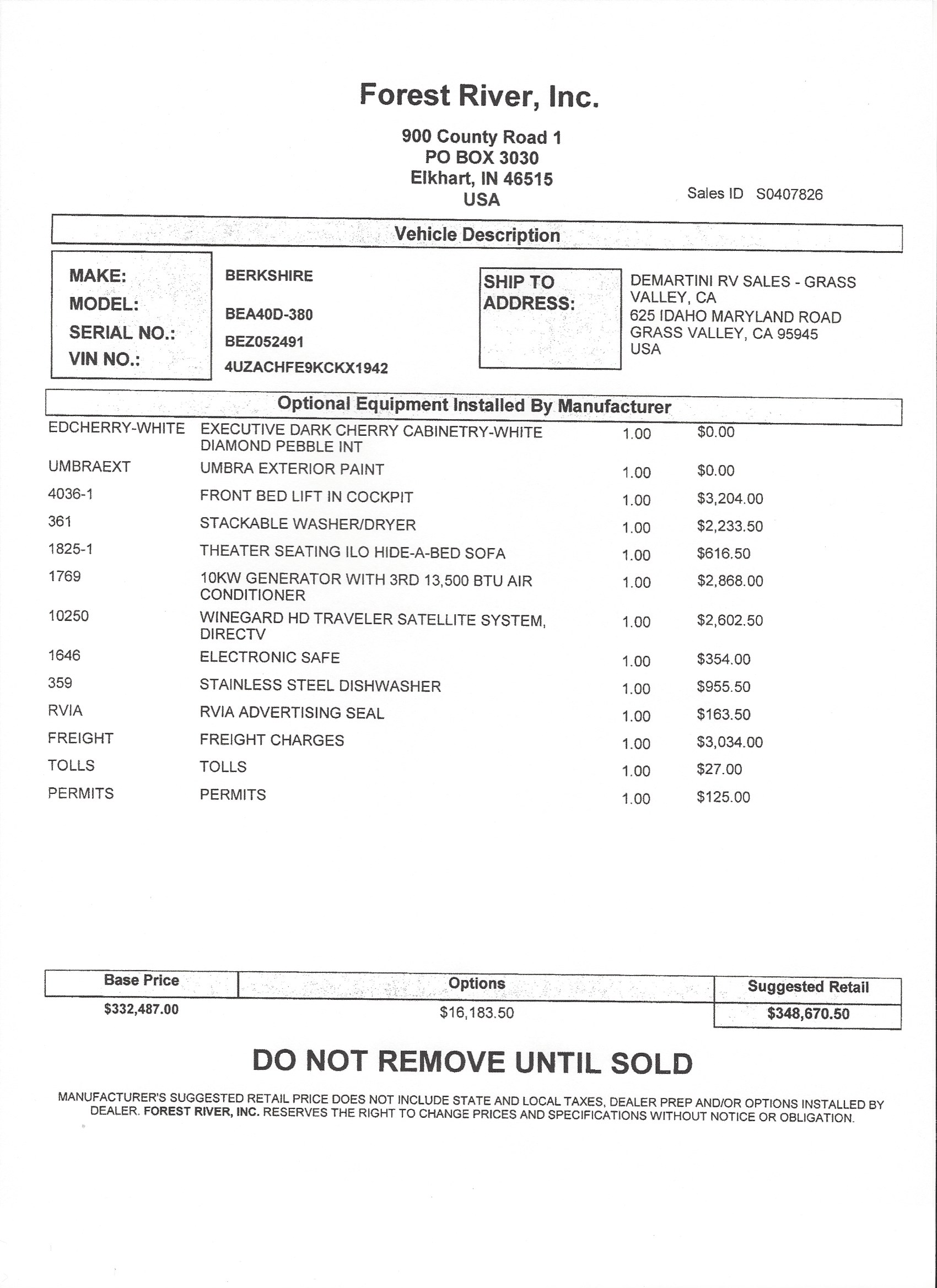 2019 Forest River Berkshire XL 40D MSRP Sheet