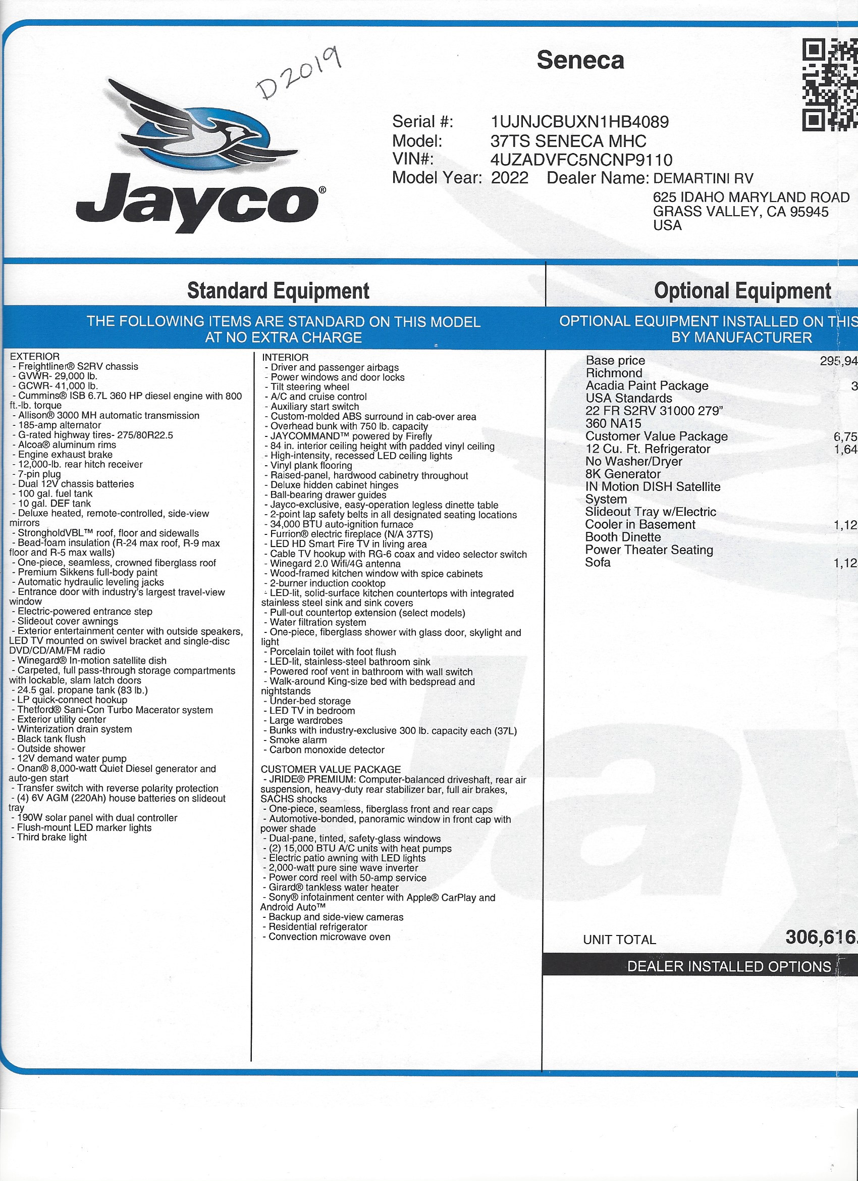 2022 Jayco Seneca 37TS MSRP Sheet