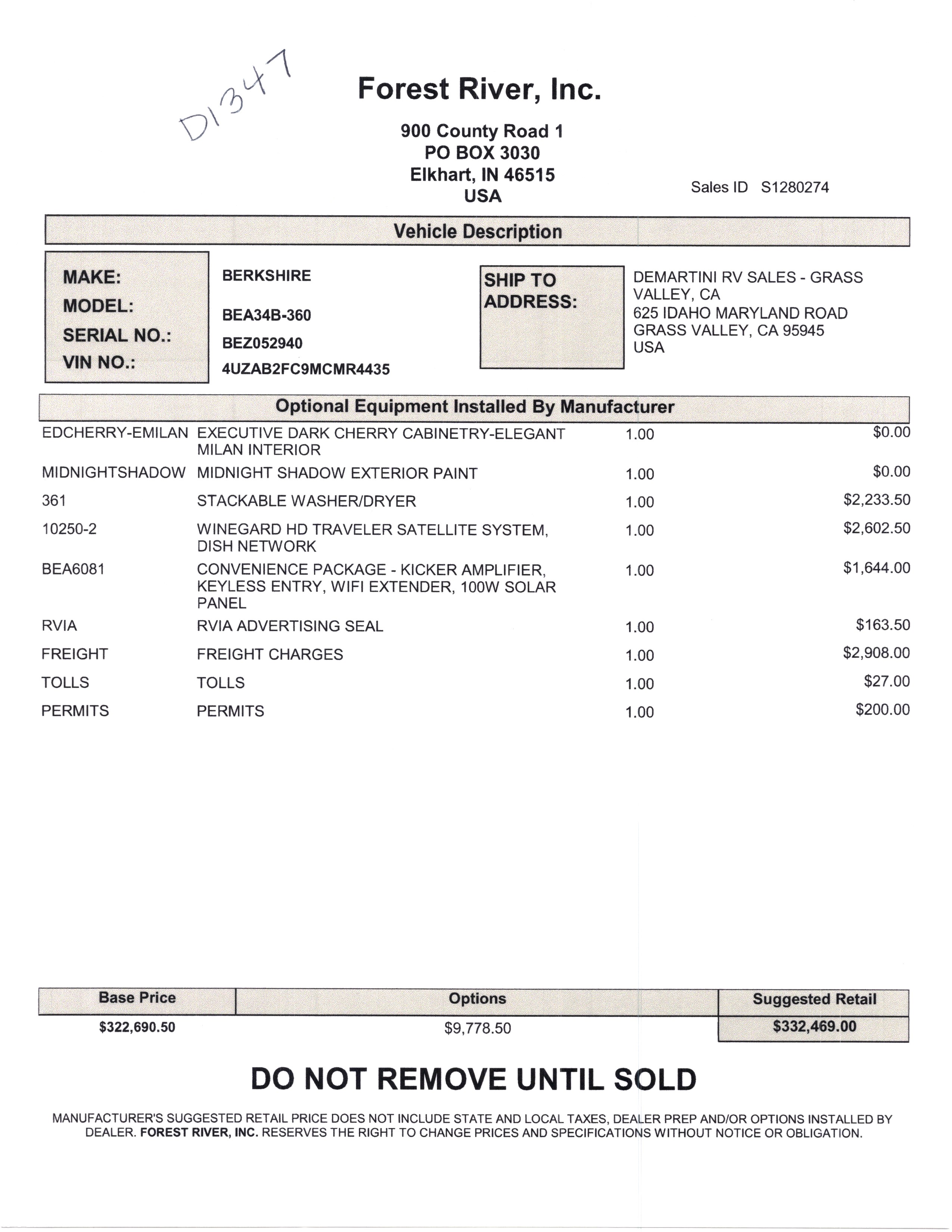 2021 Forest River Berkshire 34B MSRP Sheet