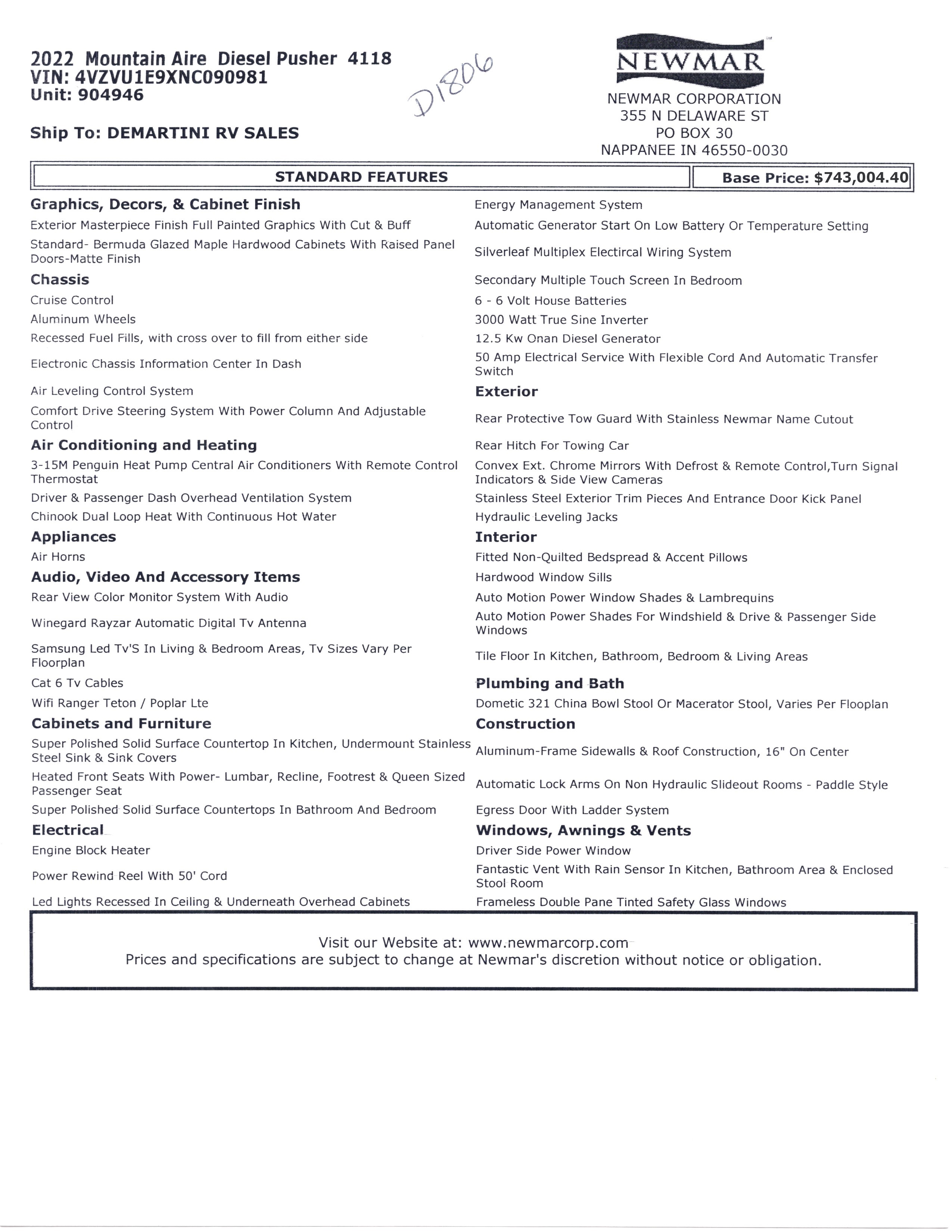 2022 Newmar Mountain Aire 4118 MSRP Sheet