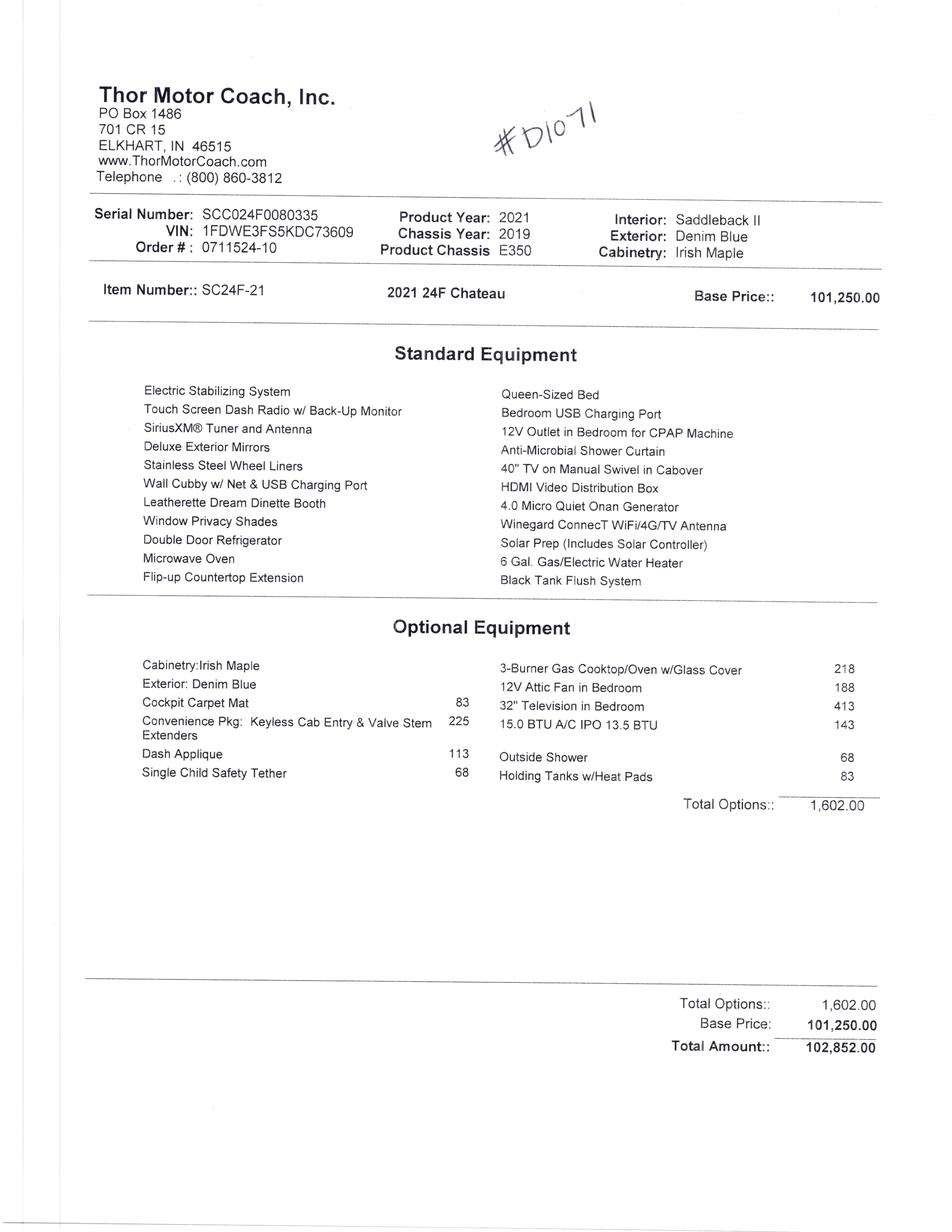 2021 Thor Chateau 24F MSRP Sheet