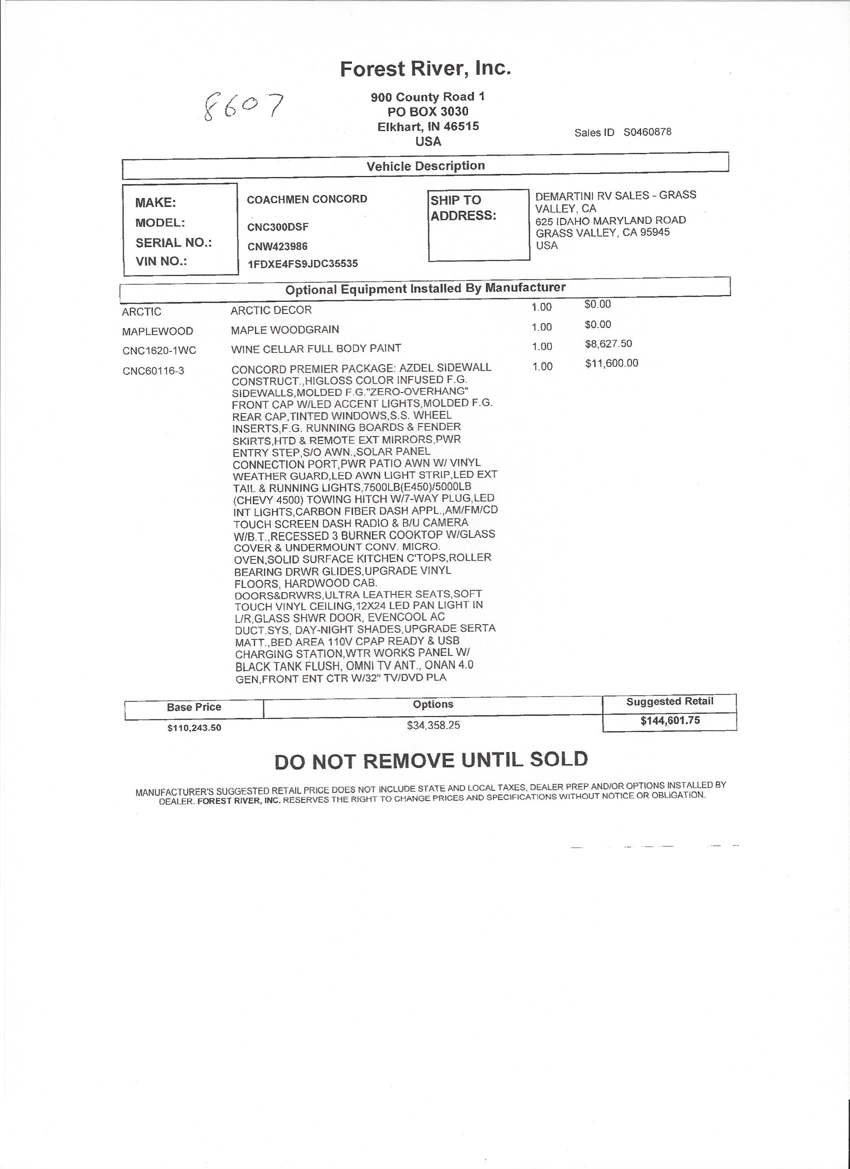 2019 Coachmen Concord 300DS MSRP Sheet