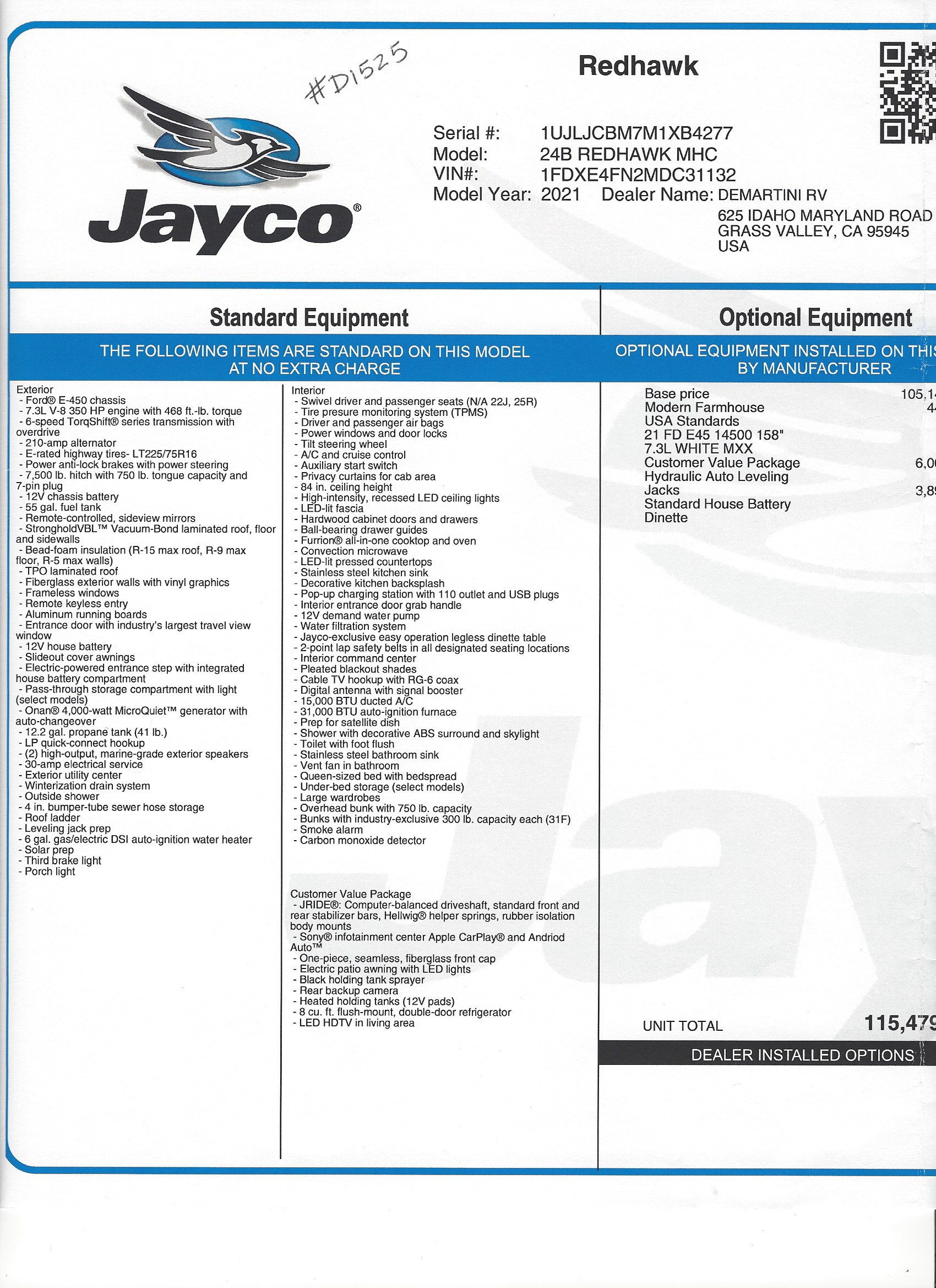 2021 Jayco Redhawk 24B MSRP Sheet