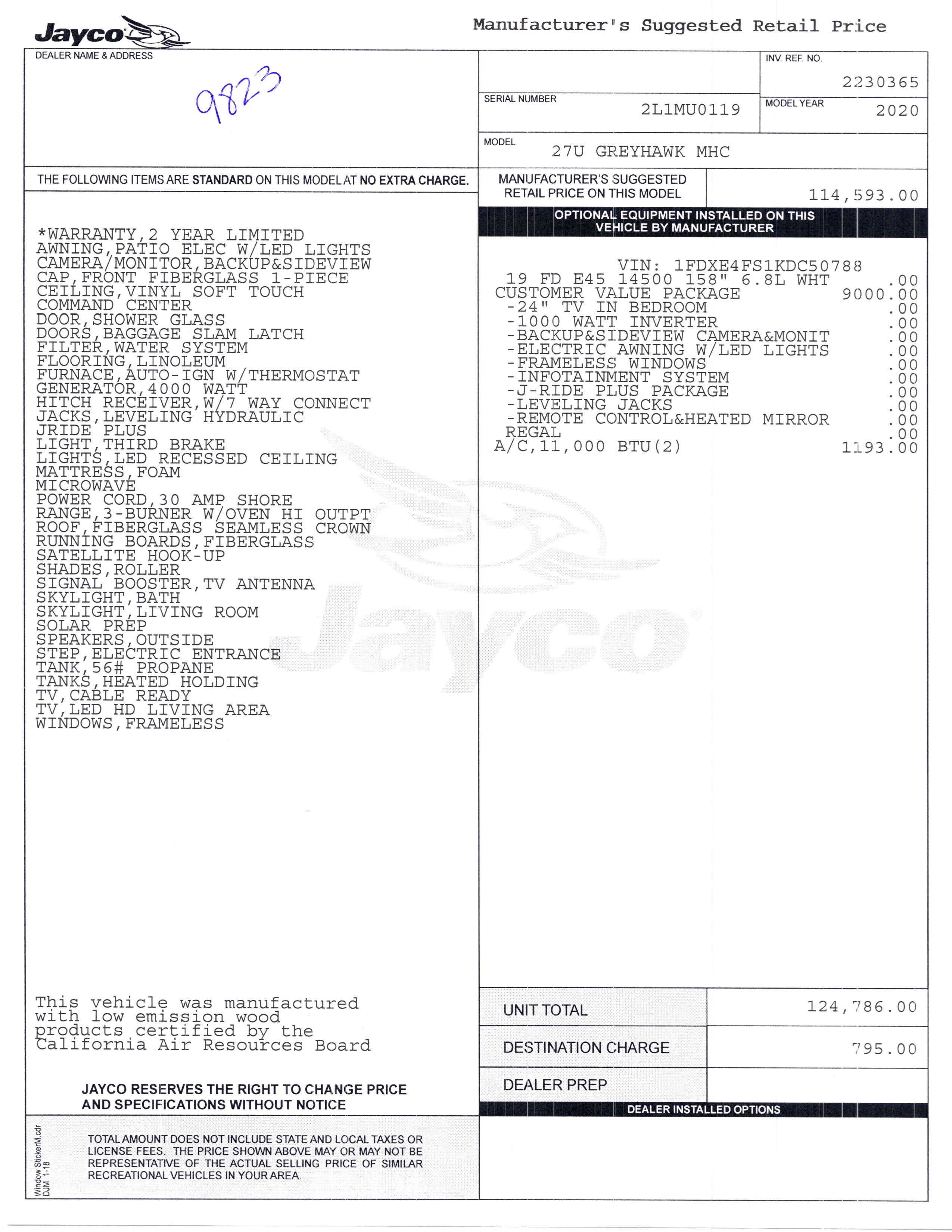 2020 Jayco Greyhawk 27U MSRP Sheet