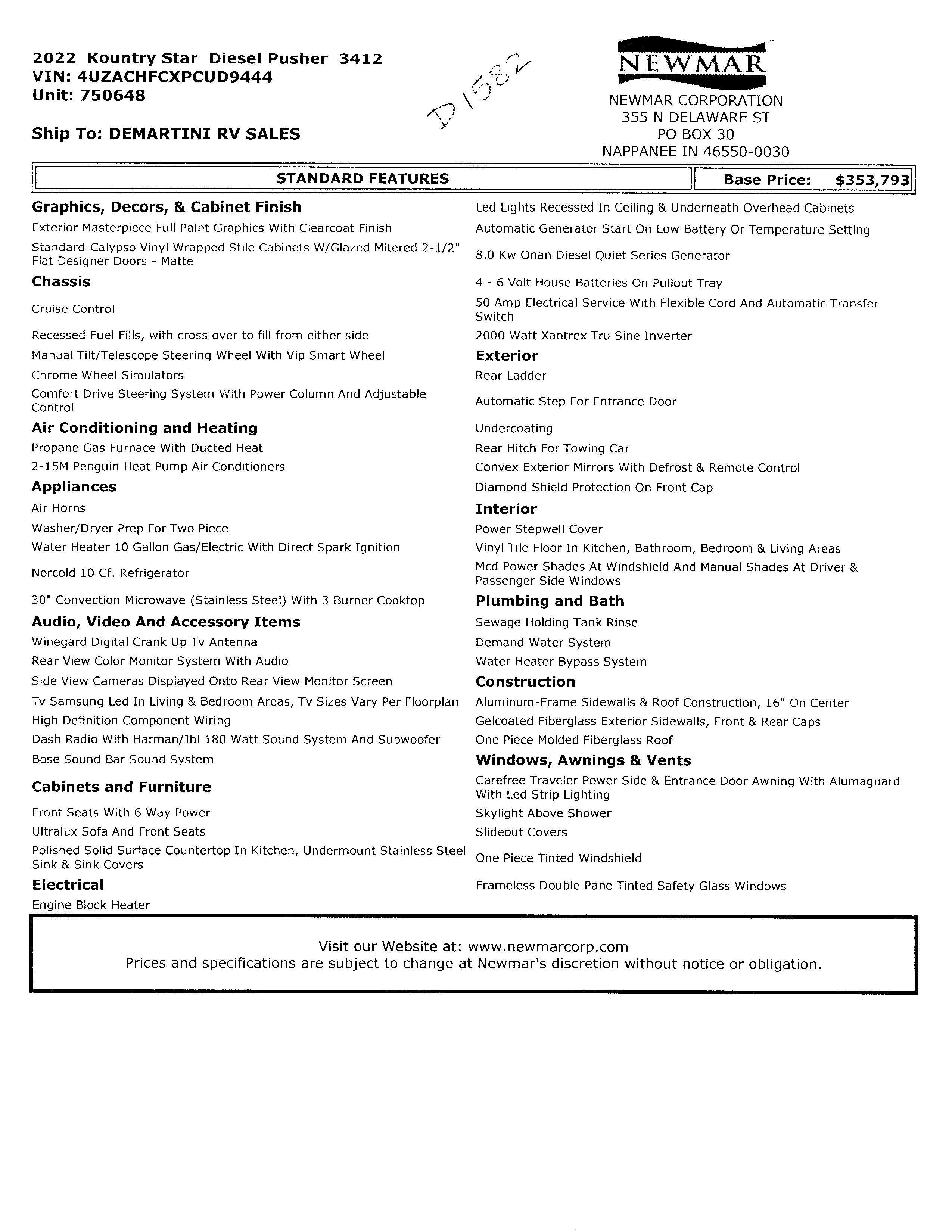 2022 Newmar Kountry Star 3412 MSRP Sheet