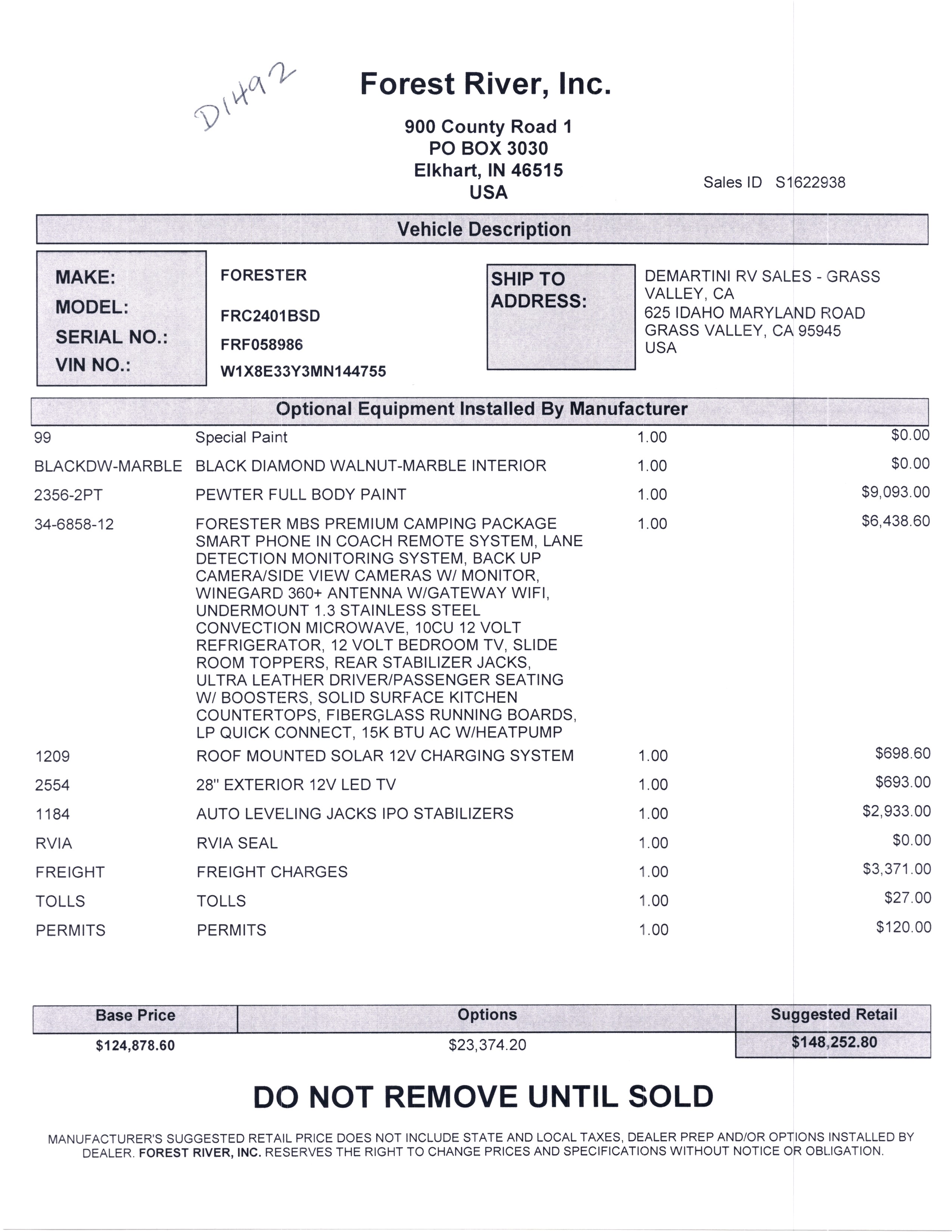 2022 Forest River Forester MBS 2401B MSRP Sheet