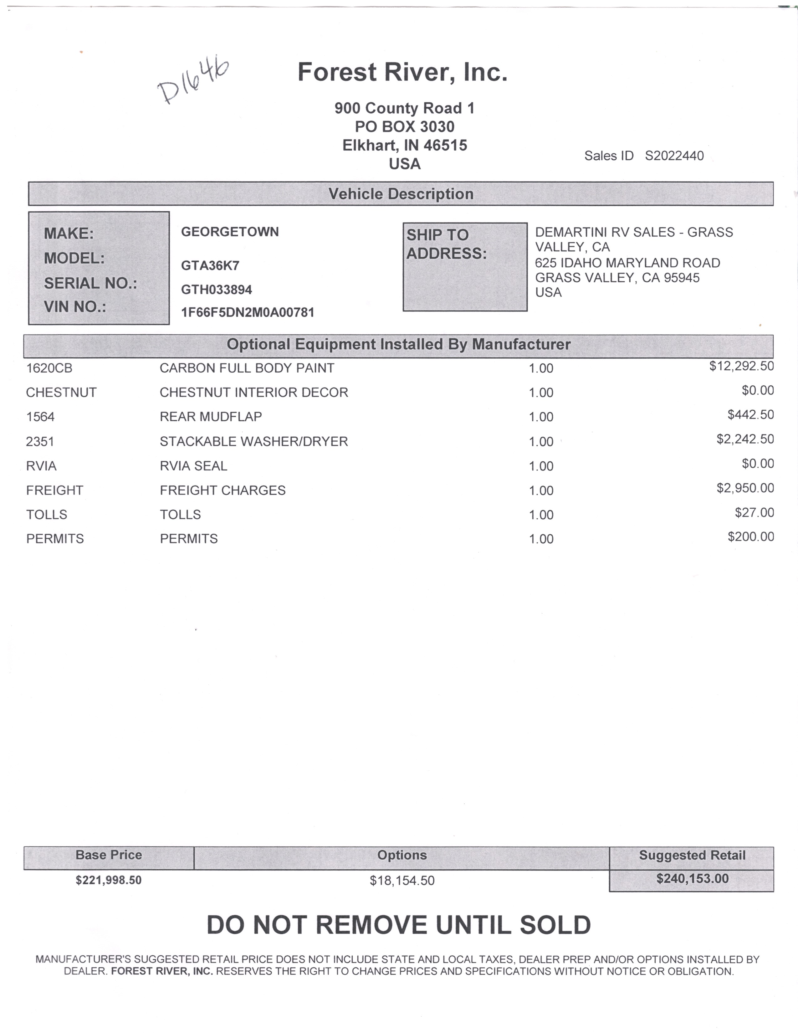 2022 Forest River Georgetown GT7 36K7 MSRP Sheet