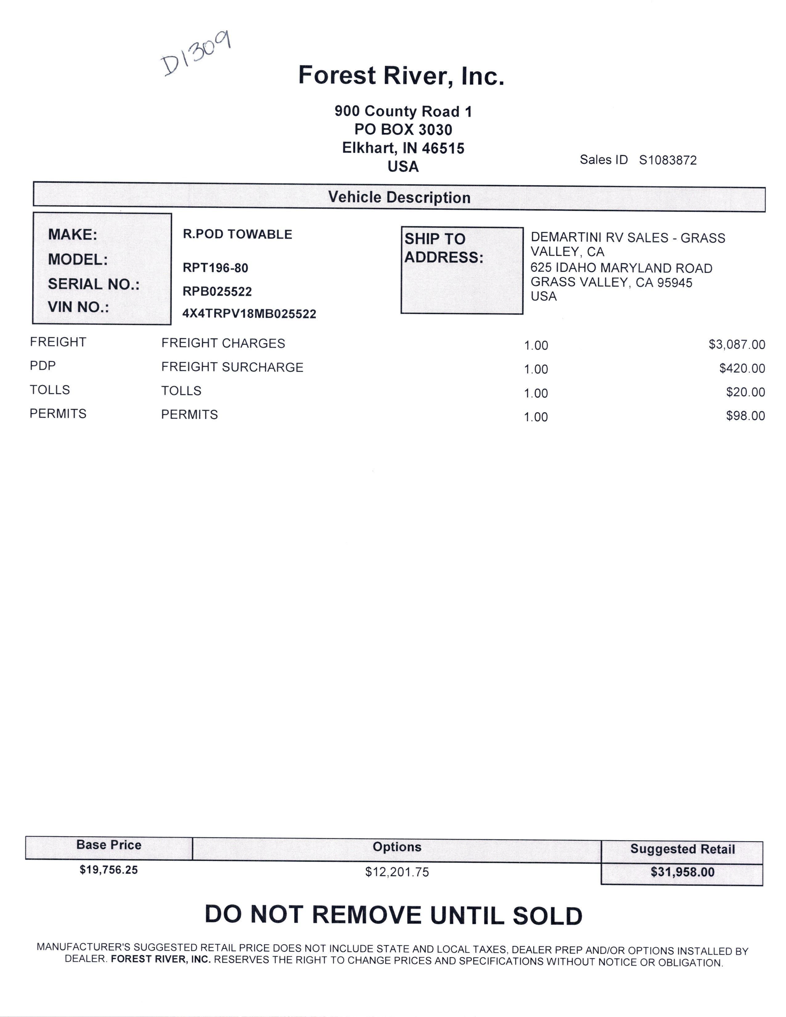 2021 Forest River R-Pod 196 MSRP Sheet