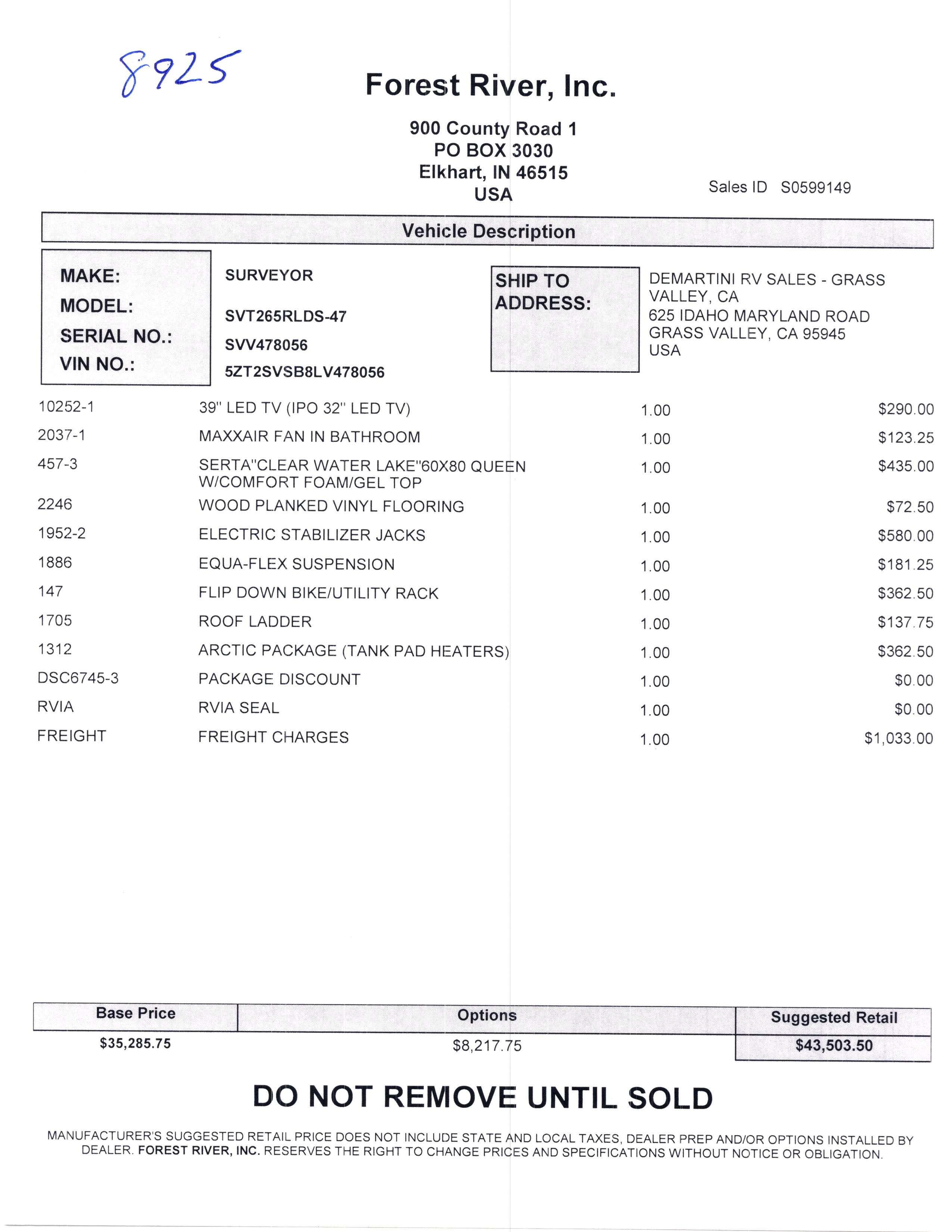 2020 Forest River Surveyor 265RLDS MSRP Sheet