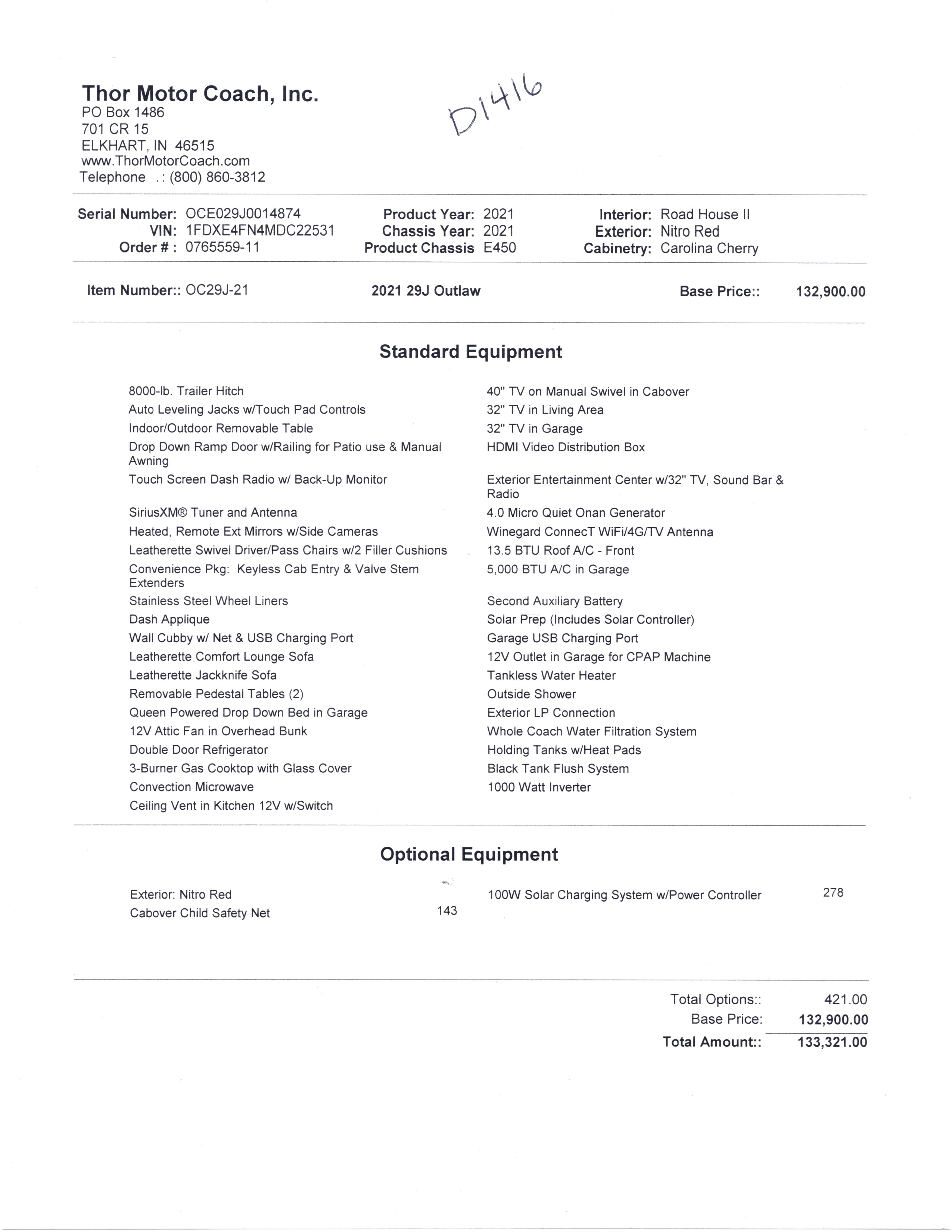 2021 Thor Outlaw 29J MSRP Sheet