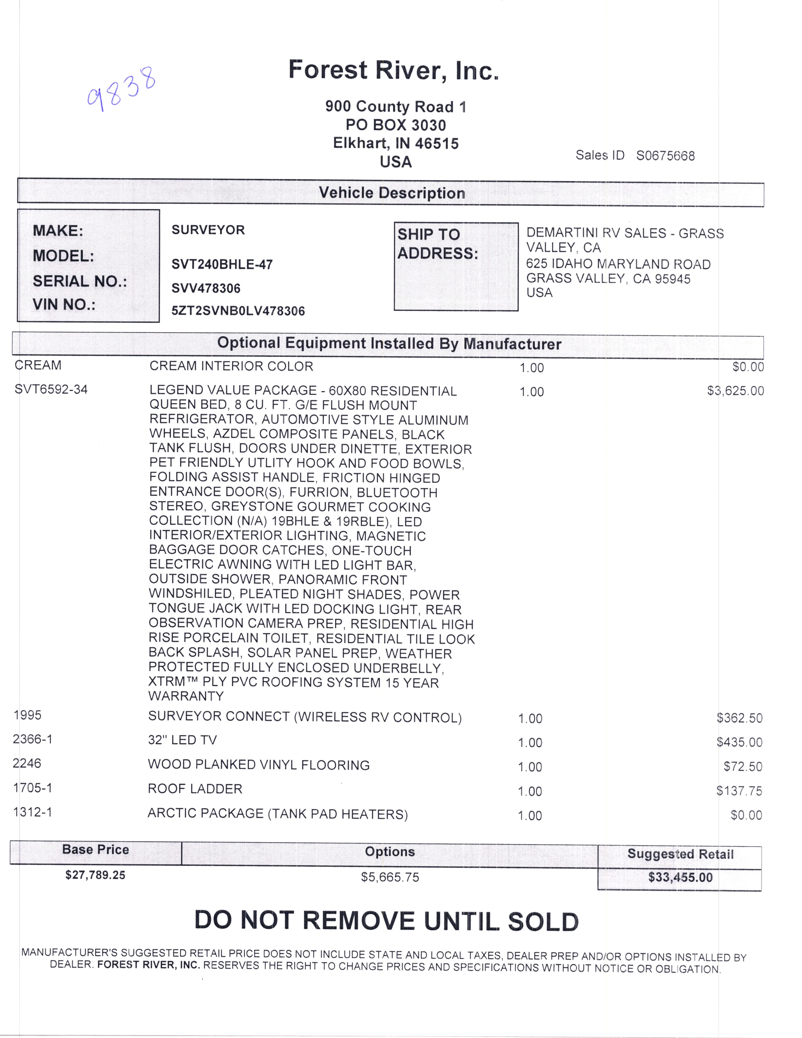 2020 Forest River Surveyor Legend 240BHLE MSRP Sheet