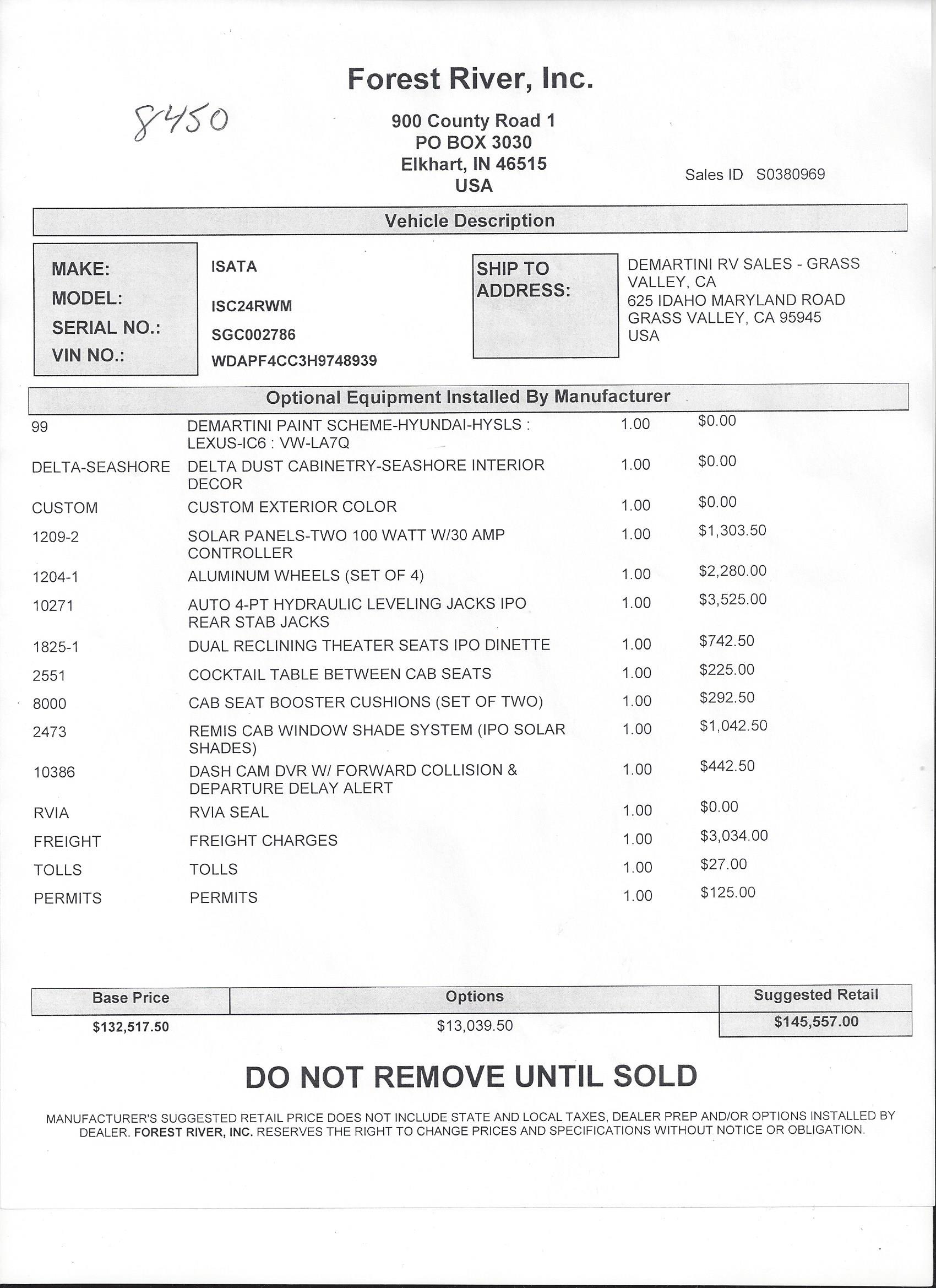 2019 Dynamax Isata 3 24RW MSRP Sheet