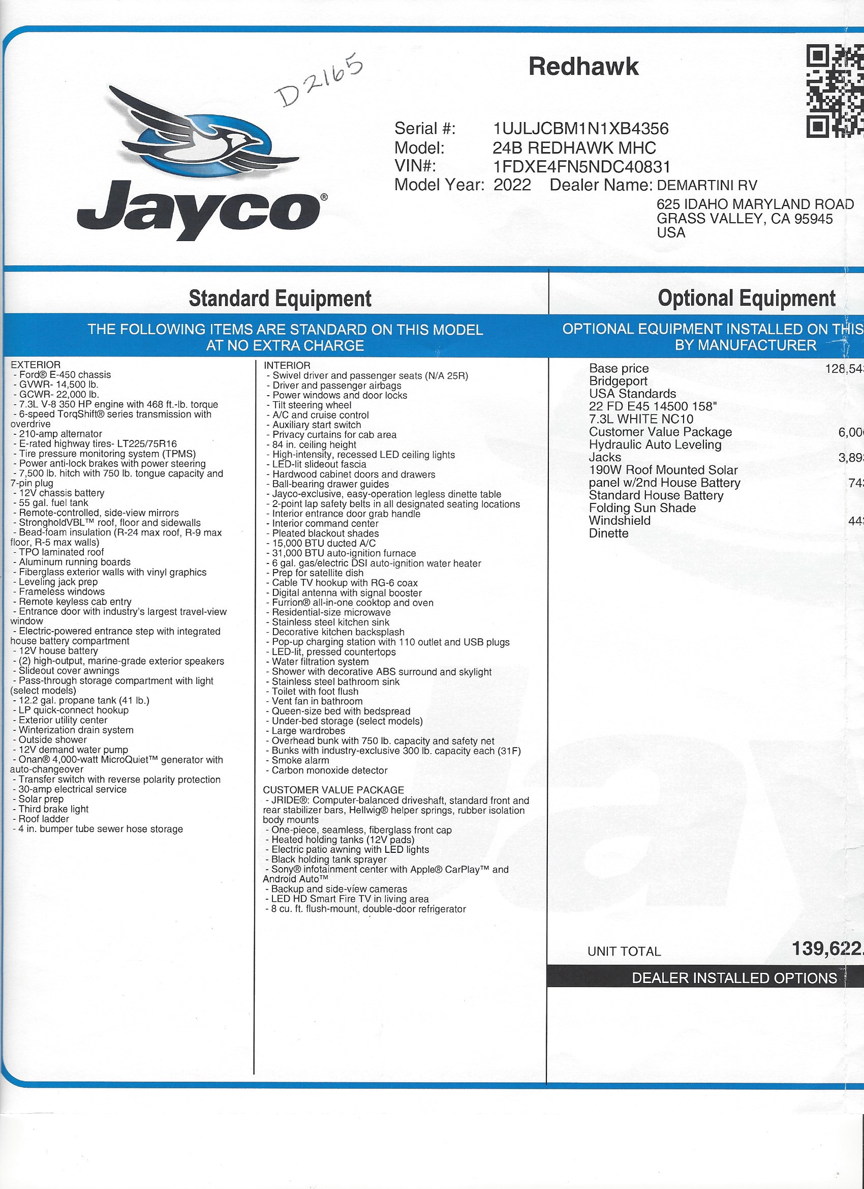 2022 Jayco Redhawk 24B MSRP Sheet