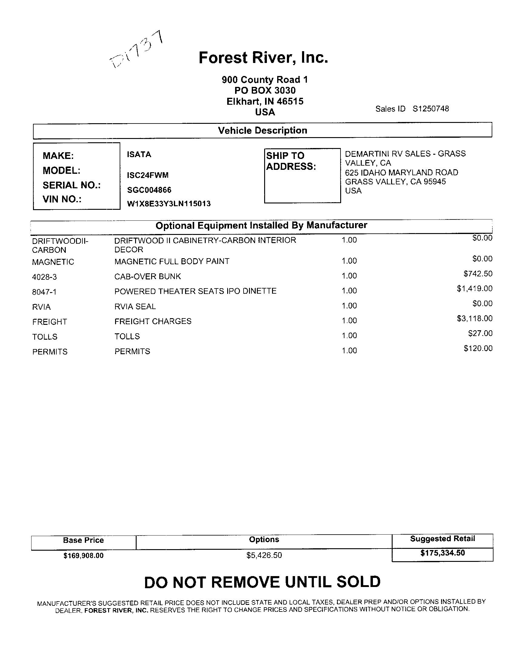 2022 Dynamax Isata 3 24FW MSRP Sheet
