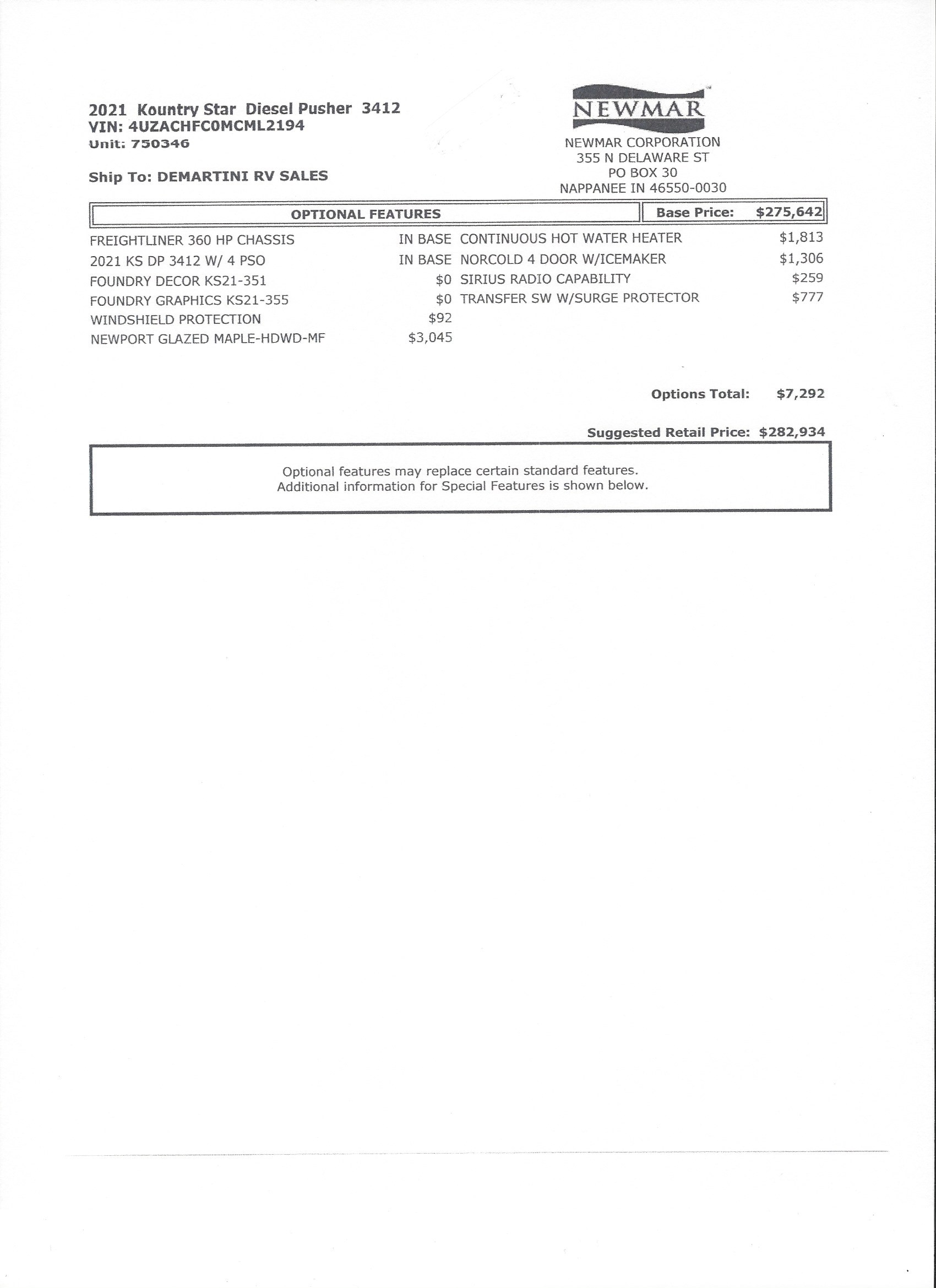 2021 Newmar Kountry Star 3412 MSRP Sheet