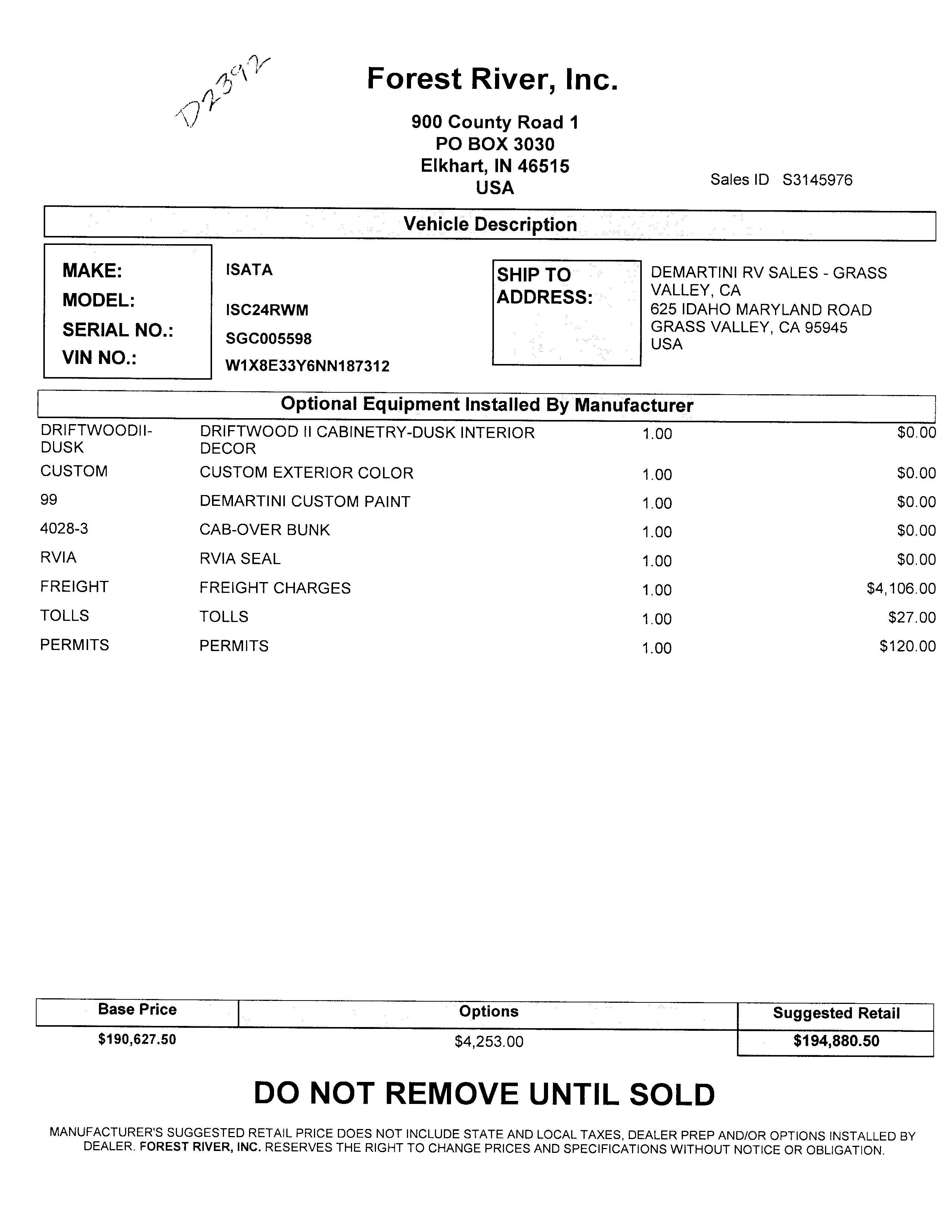 2023 Dynamax Isata 3 24RW MSRP Sheet